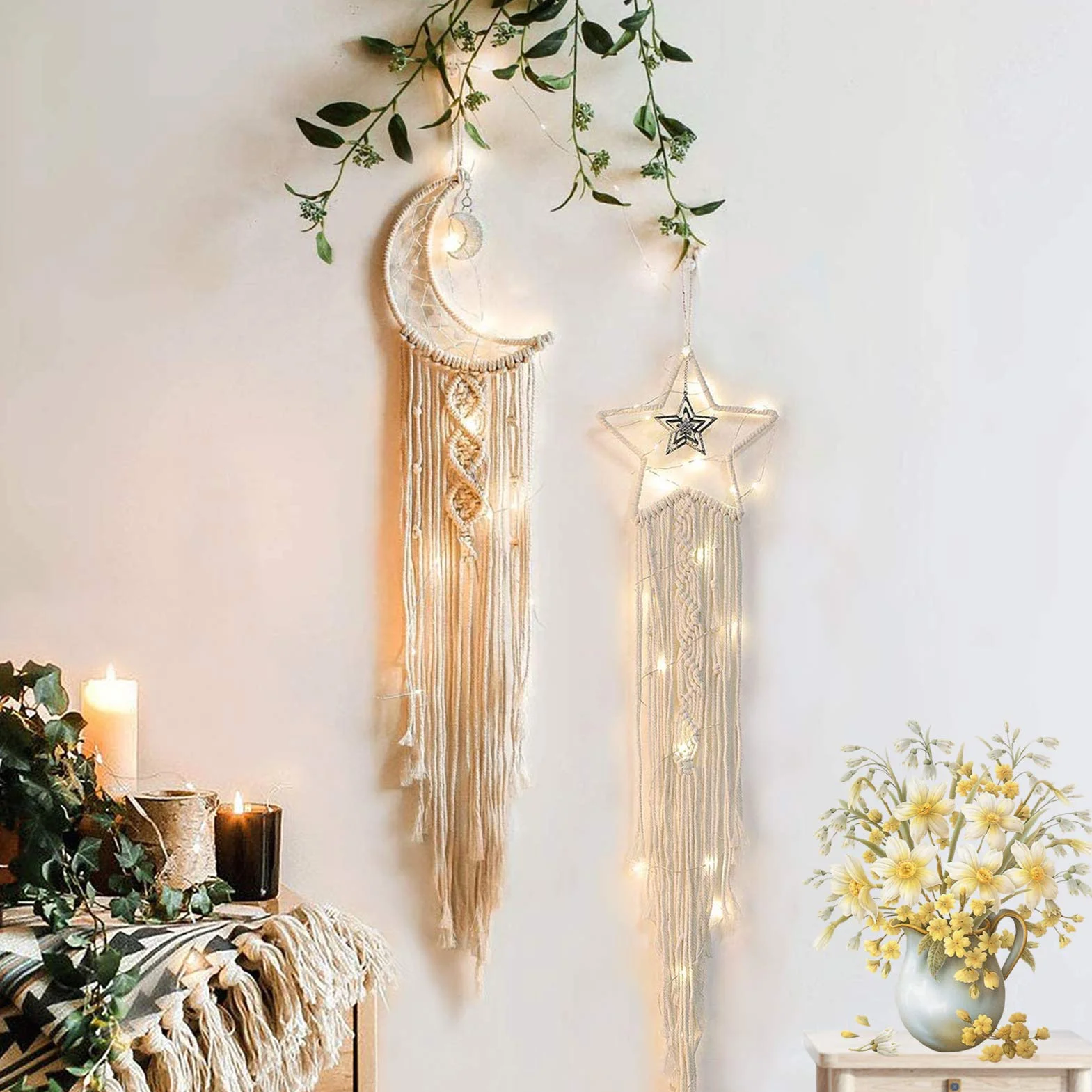 Tarklanda 2 Stück Makramee Traumfänger Makramee Wandbehang Mond Stern Traumfänger Mädchen Dreamcatcher Handgemachte Boho Traumfänger Schlafzimmer Dekoration für Home Decor Kinder Geschenke