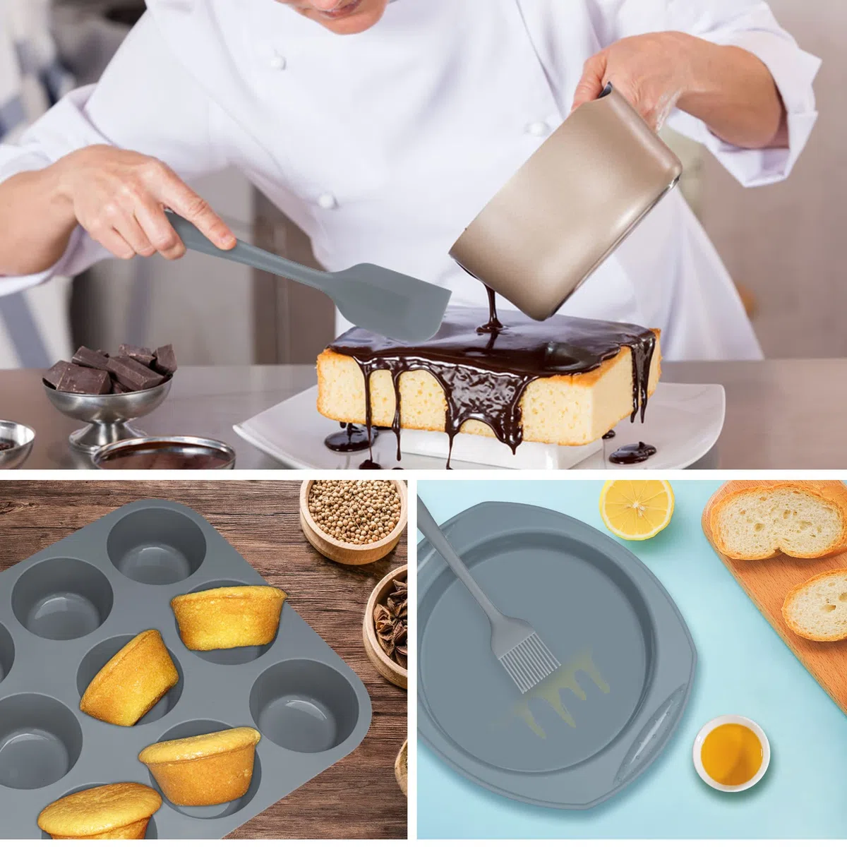 Aschef 12x Antihaft Silikon Backformen Brotbackform Kuchenform Muffinform mit Teigschaber Backpinsel Messlöffel Set, Hitzebeständige Backform für Backen Pizza Brot Kuchen Cupcake Muffin- Grau