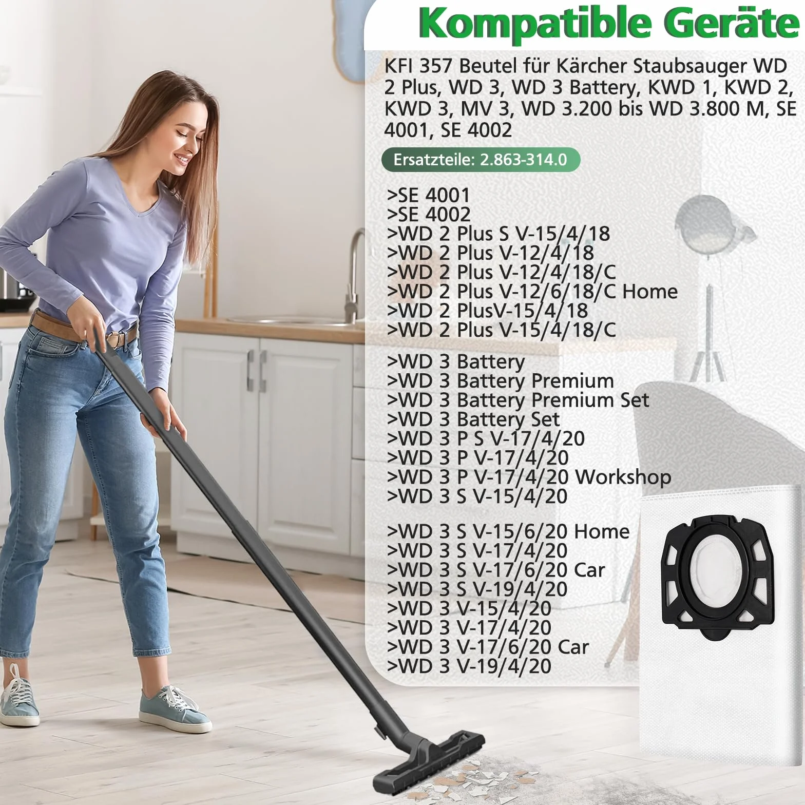 12 Stück KFI 357 Staubsaugerbeutel für Kärcher WD2Plus/WD3/KWD1 /KWD2/KWD3/MV3/WD3.200-WD3.800M/SE4001/SE4002 Staubsauger,Ersetzt 2.863-314.0,für Nass-/Trockensauger mit Kunststoffdeckscheibe