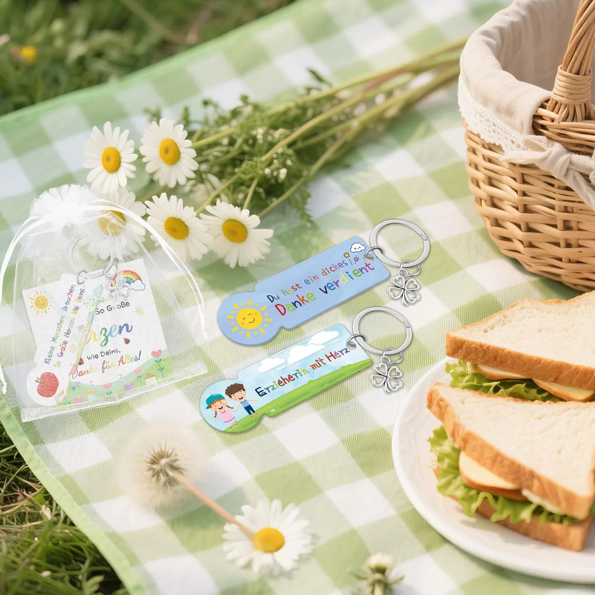 Kindergarten Abschiedsgeschenk, 15er Acryl Einkaufswagenchip Schlüsselanhänger mit Organzatasche und Dankeskarte, Schlüsselanhänger Dankeschön Geschenk zum Abschied für Lehrerin Erzieherin