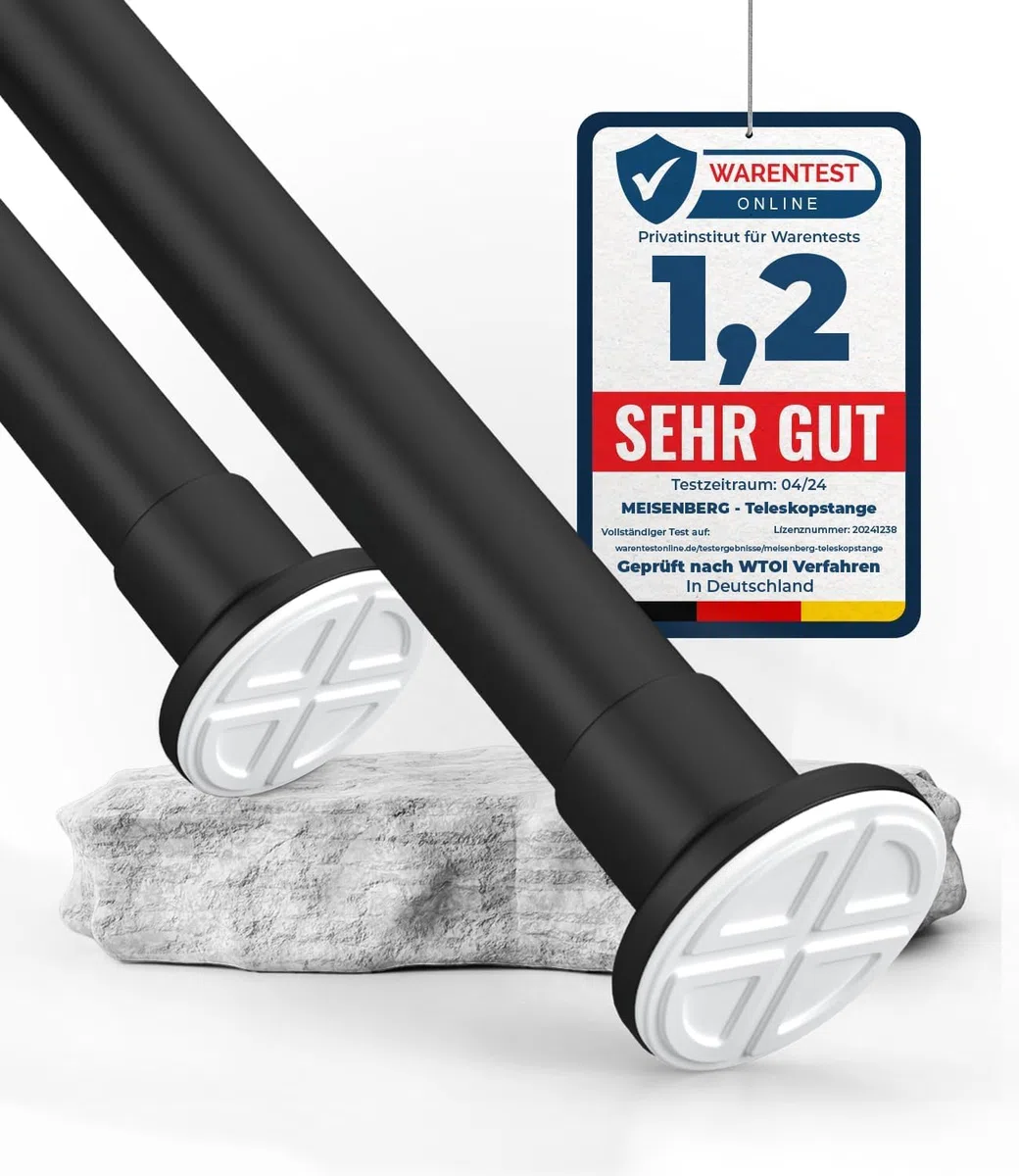 MEISENBERG Klemmstange für Gardinen - Matt Schwarz, Ø 25 mm - Gardinenstange ohne Bohren - Teleskopstange Vorhang - Duschstange zum Klemmen für Fenster, Dusche und Trennwand (70-120cm)