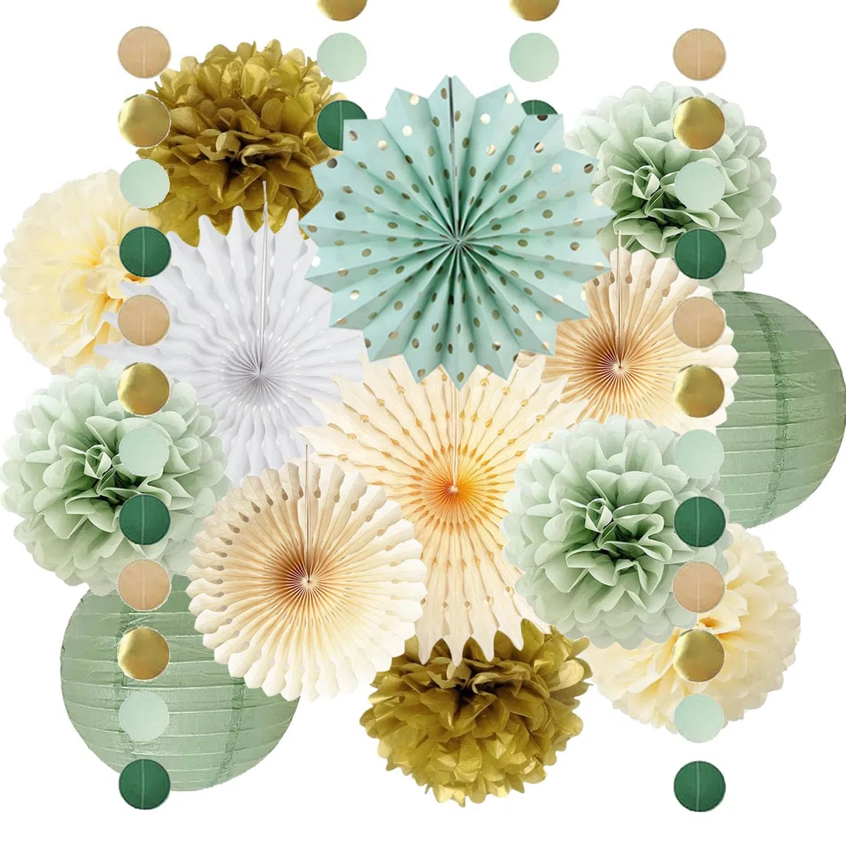 Salbeigrüne Partydekorationen Salbeigrünes Creme Gold Seidenpapier Pom Poms Papierfächer Olive Salbei Gold Kreispunkte Girlande für Salbei Geburtstag Babyparty Verlobung Brautparty Hochzeitsparty