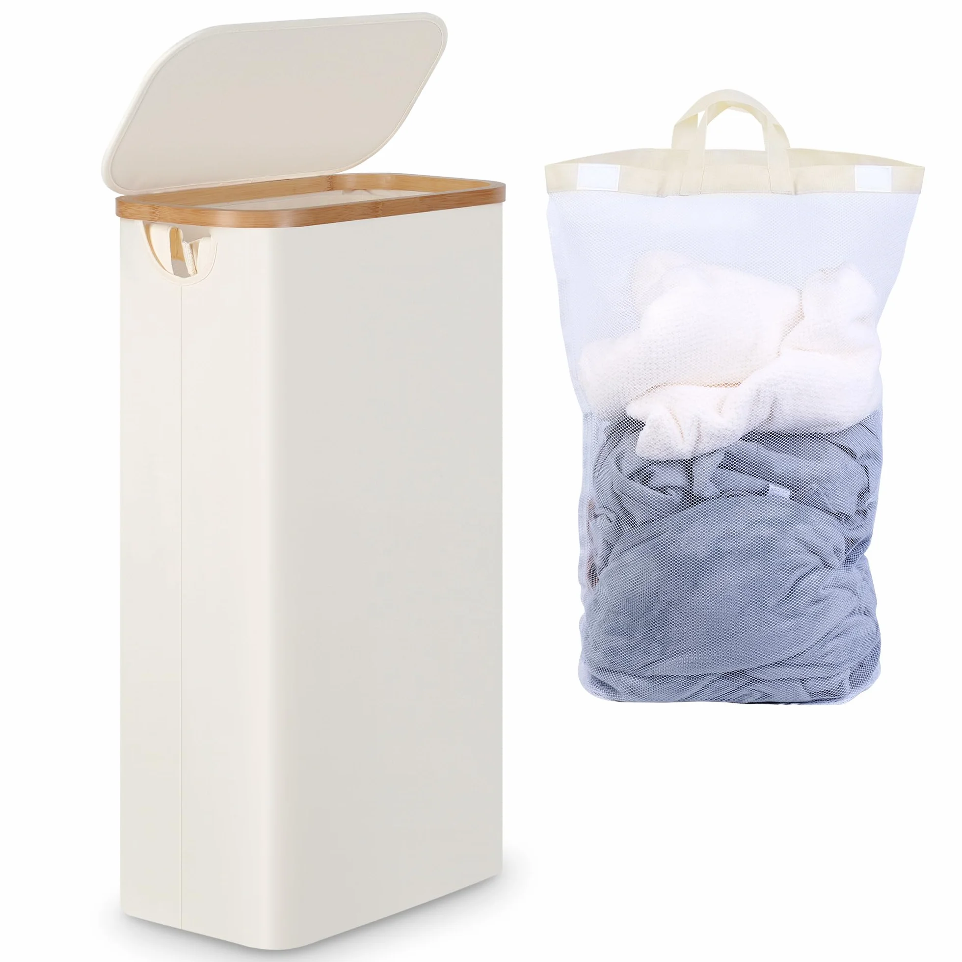 efluky Wäschekorb Schmal 63L, Schlanker Wäschekorb mit Deckel, Beige Faltbare Wäschebehälter mit Bambusgriffen und abnehmbarem Beutel für Waschküche, Schlafzimmer, Badezimmer