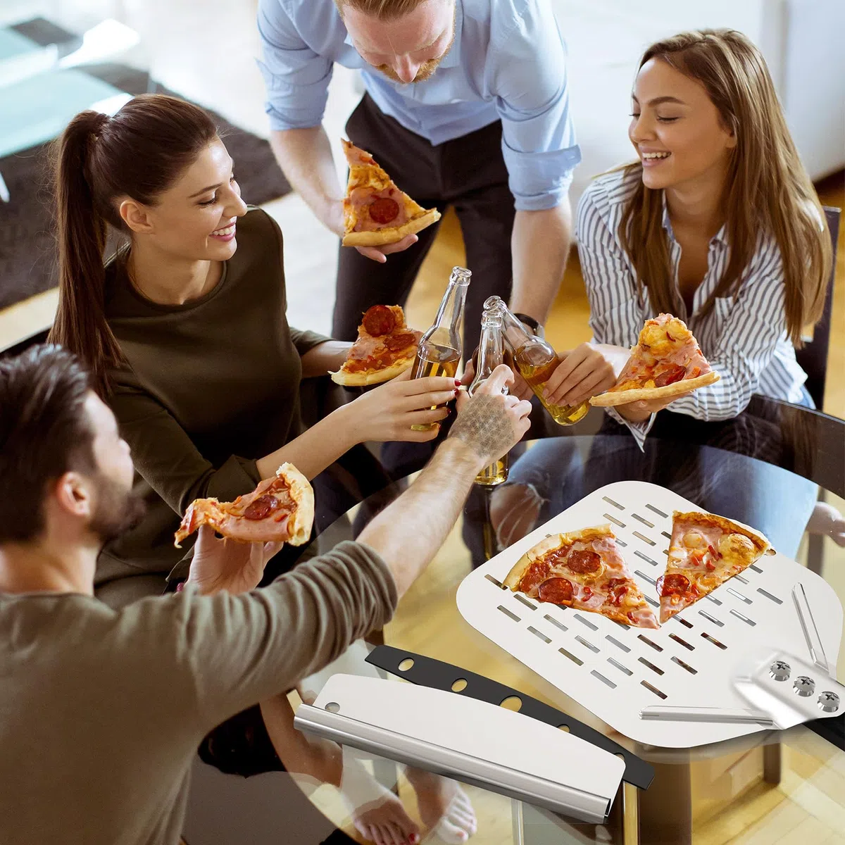 4tlg Pizza Schieber Set, 12 Zoll Pizzaschieber Perforiert + 9 Zoll Pizzaschaufel aus Alulegierung + Profi Pizzaschneider + Pizzaofen Bürste aus Naturborsten, Pizzawender mit 40cm abnehmbarem Griff