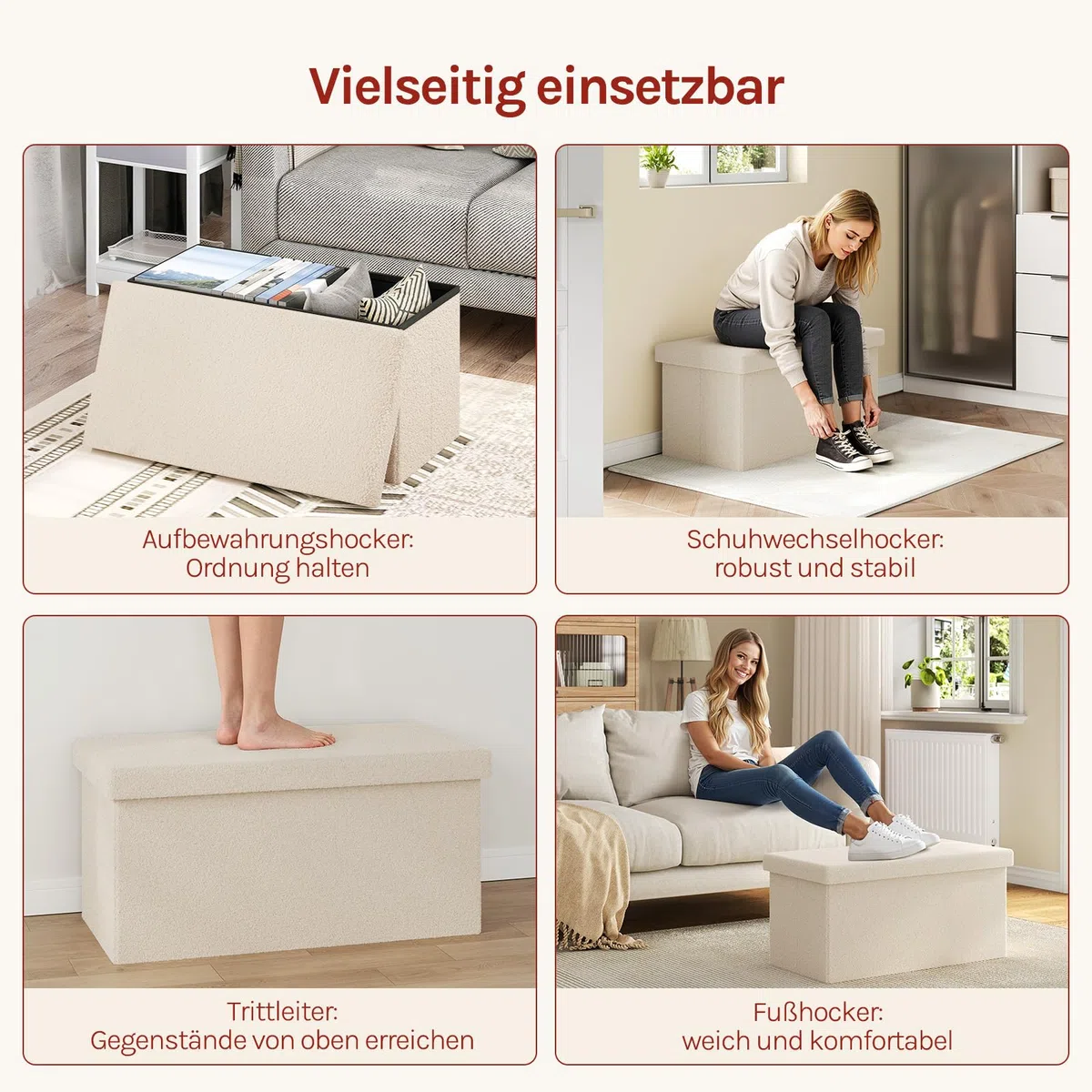 WOLTU Sitzhocker mit Stauraum, für Wohnzimmer Schlafzimmer Flur, klappbare Sitztruhe mit Deckel, aus Teddyfleece und MDF, 80 L, 76 x 37 x 38 cm, Beige