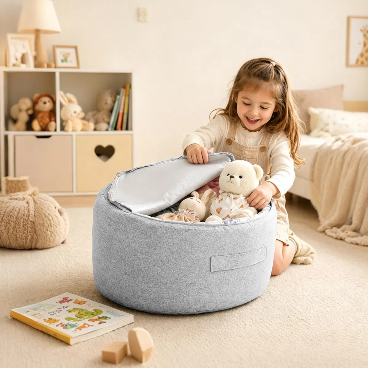 Kuscheltier Aufbewahrungssack Sitzsack - Leerer Bezug mit Reißverschluss - Weicher Spielzeug Organizer für Plüschtiere & Decken - Gemütliches Sitzkissen für Kinderzimmer (Hellgrau)