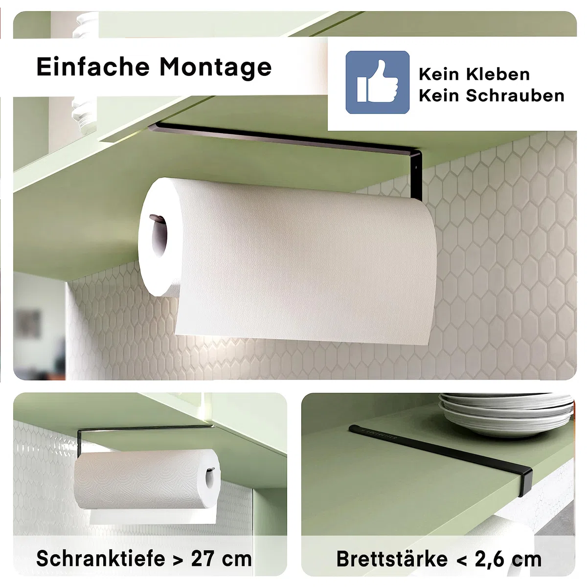 Küchenrollenhalter ohne Bohren | Hochwertiger Küchenrollen Halter | Küchen Organizer | Ideal als ZEWA Rollenhalter | Küchenpapierhalter | Kein Kleben | Küchenrollenhalter schwarz
