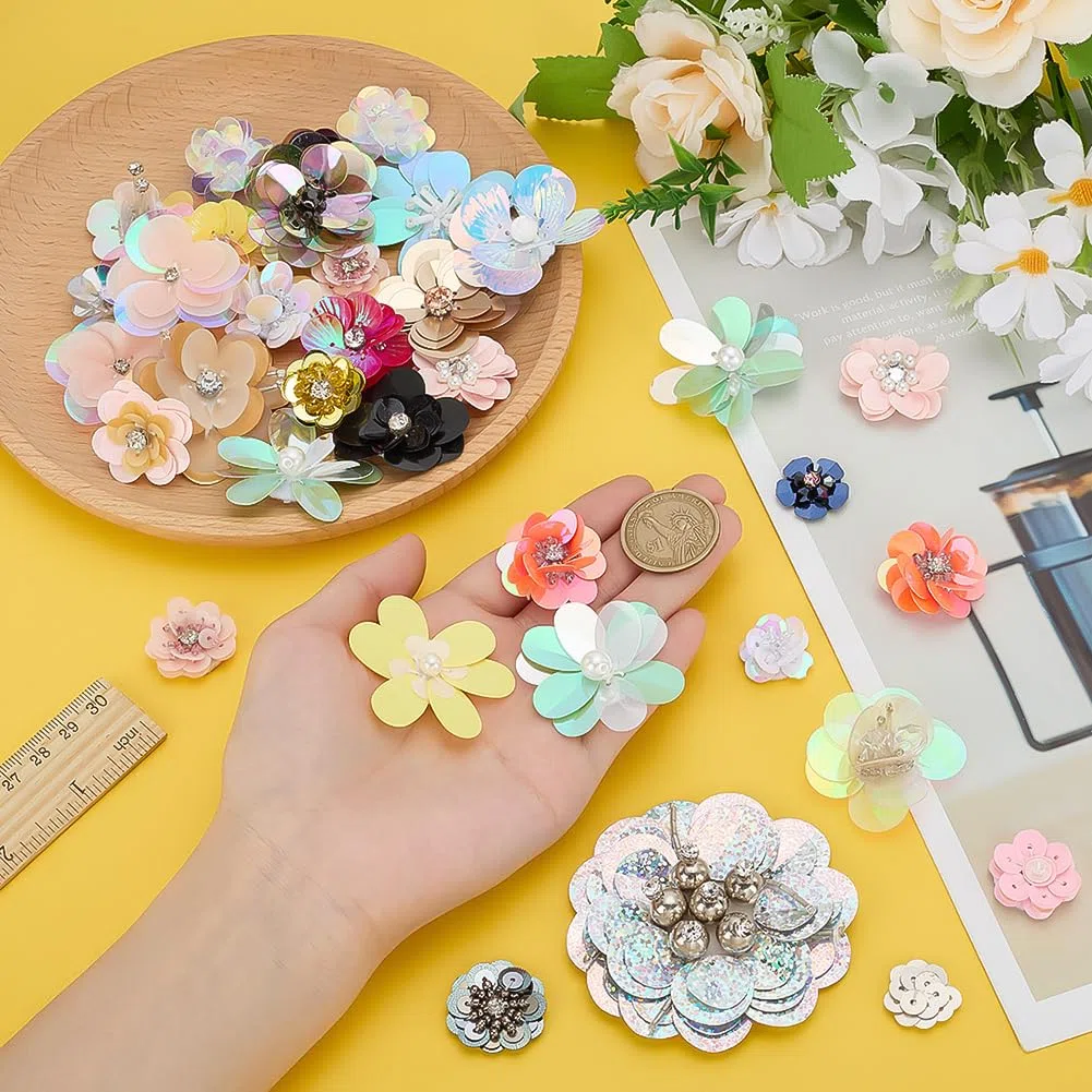 35 Stück Pailletten Blumen Patches Kunststoff Gemischte Farben Pailletten Perlen Blumen Patches Strass Perlen Mix Blumen Applikation Zum Aufnähen