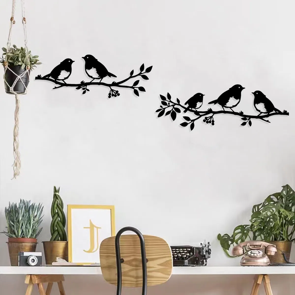 Pduoduo 2 Stück Metall-Vögel-Wandkunst mit hängenden Blättern | Metall Ornament Zweig, Wandhängende Zeichen, Für Balkon Indoor Outdoor, Dekoration
