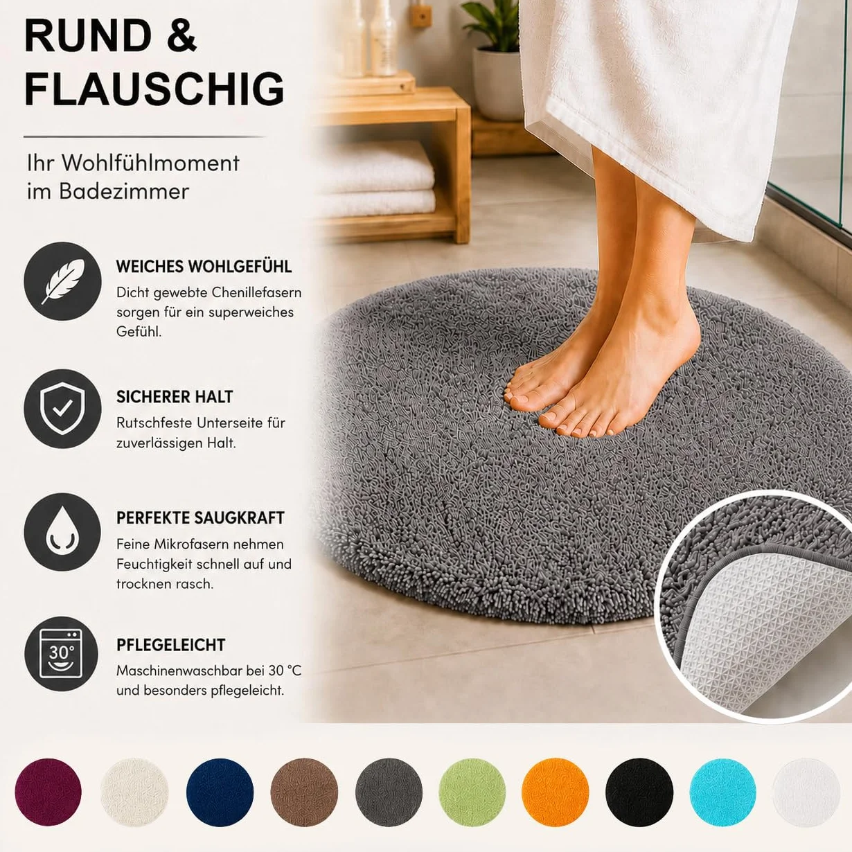 Brandsseller Badezimmerteppich Ø 60 cm Badvorleger Badematte Badteppich rund Chenille rutschfest saugstark maschinenwaschbar - Grau