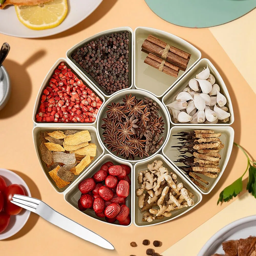 Snackbox mit Fächern, Rund Große Snackdose mit 9 Fächern, Deckel, Griff, 4 Gabel, Snackteller mit Deckel, für Snacks Süßigkeiten Nüsse Obst Gewürze, für Party Picknick Trips