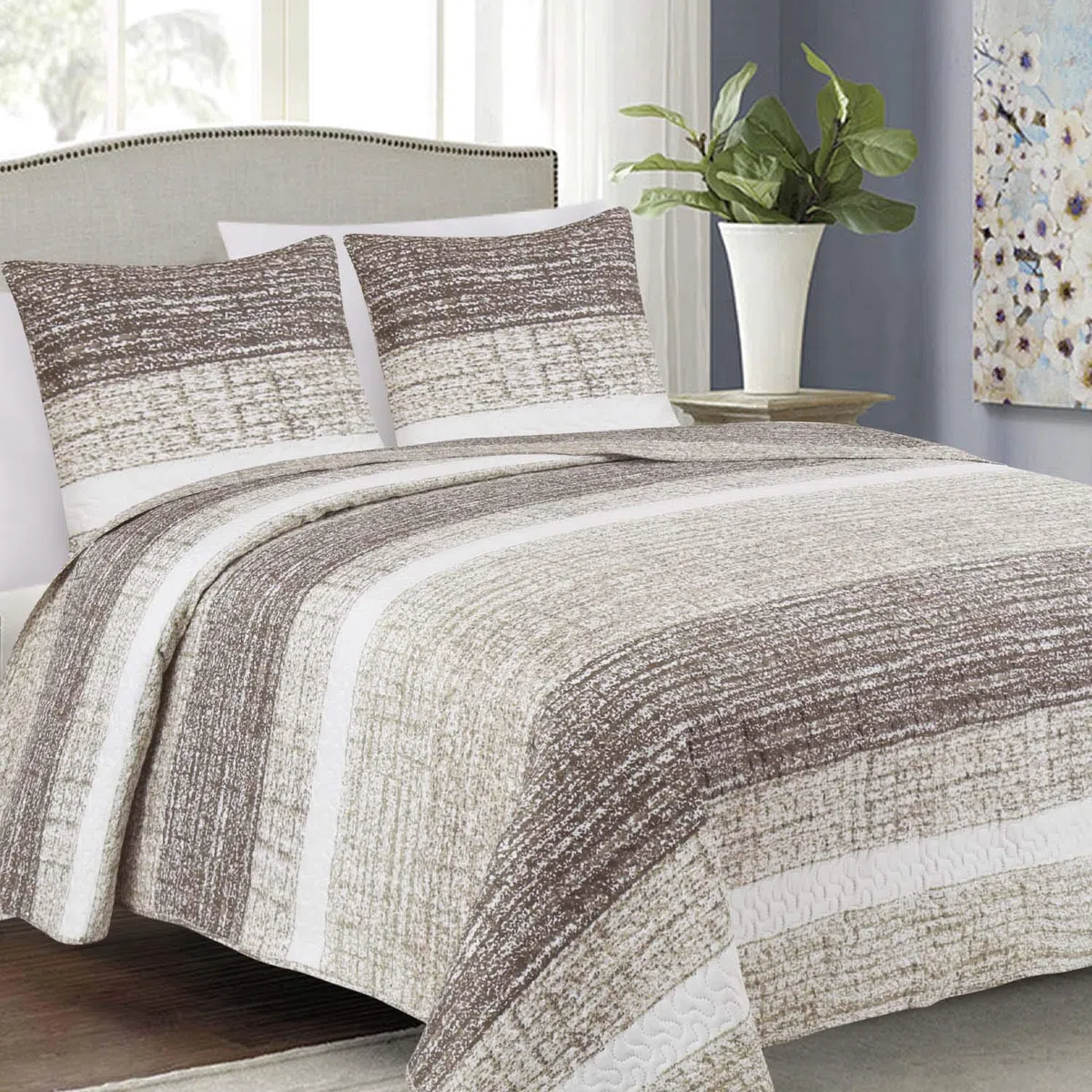Euromat Tagesdecke Steppdecke Bettüberwurf Gesteppte Tagesdecke mit 2 Kissenbezüge 40x40 cm- (Beige Ecru Braun- Brian Beige, 220x240 cm)