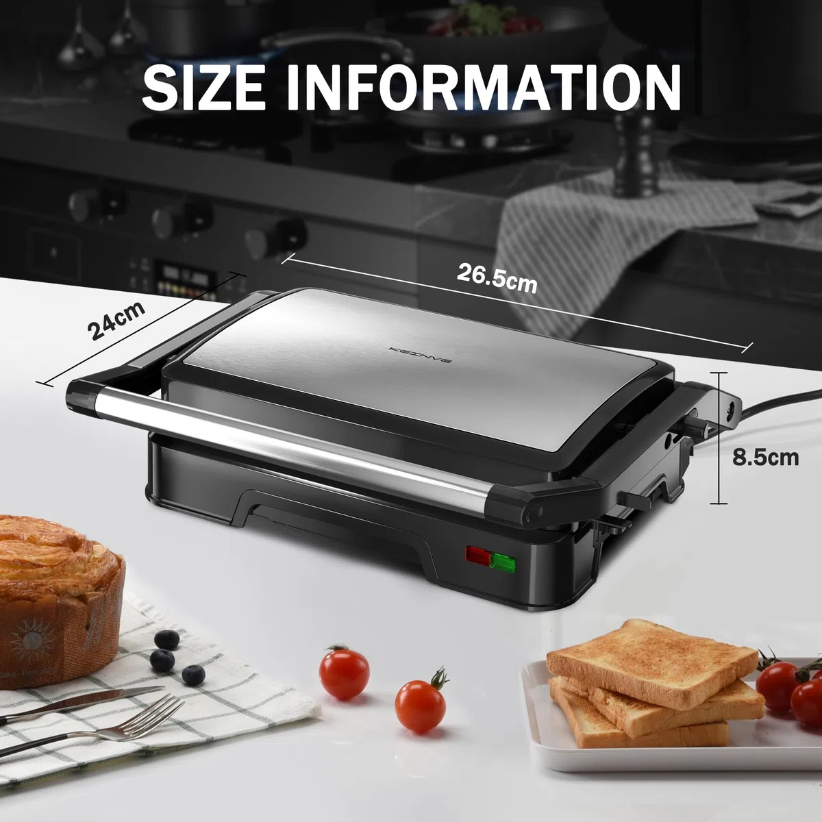 KEINVE Kontaktgrill für Sandwiches, Steak, Panini Grill und Sandwichmaker mit Antihaftbeschichtet, 850W, 23 x 14,5cm, 180º Öffnung, Leicht zu Reinigen.