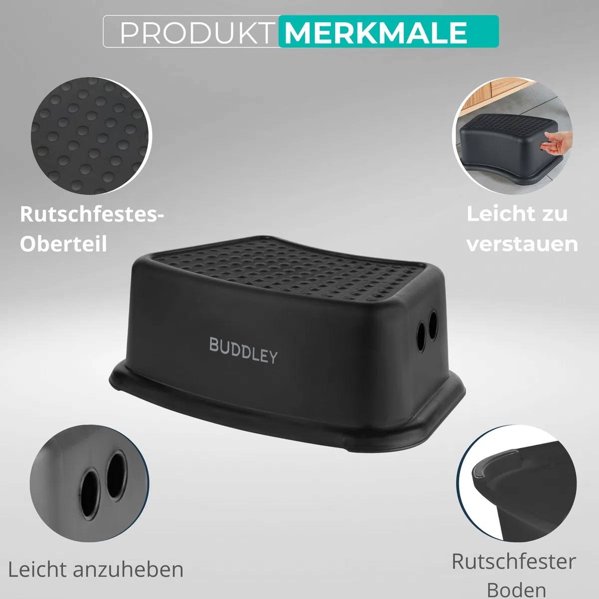 BUDDLEY Tritthocker Set 2X - Kindertritt - Badezimmer - Küche - Antirutsch - Kunststoff - Schwarz - Belastbar 80 kg