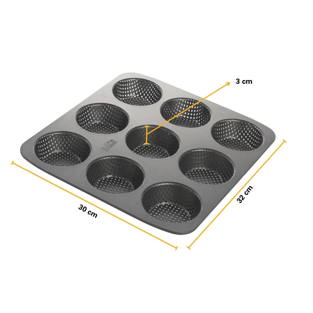 Birkmann Brötchenblech Laib & Seele, perforierte Brotbackform für 9 Brötchen, Burger Buns, Semmeln & Hot Dog Brötchen, Karbonstahl Antihaft Lochblech mit Mulden, Grau | 32x30x3cm, Ø9cm