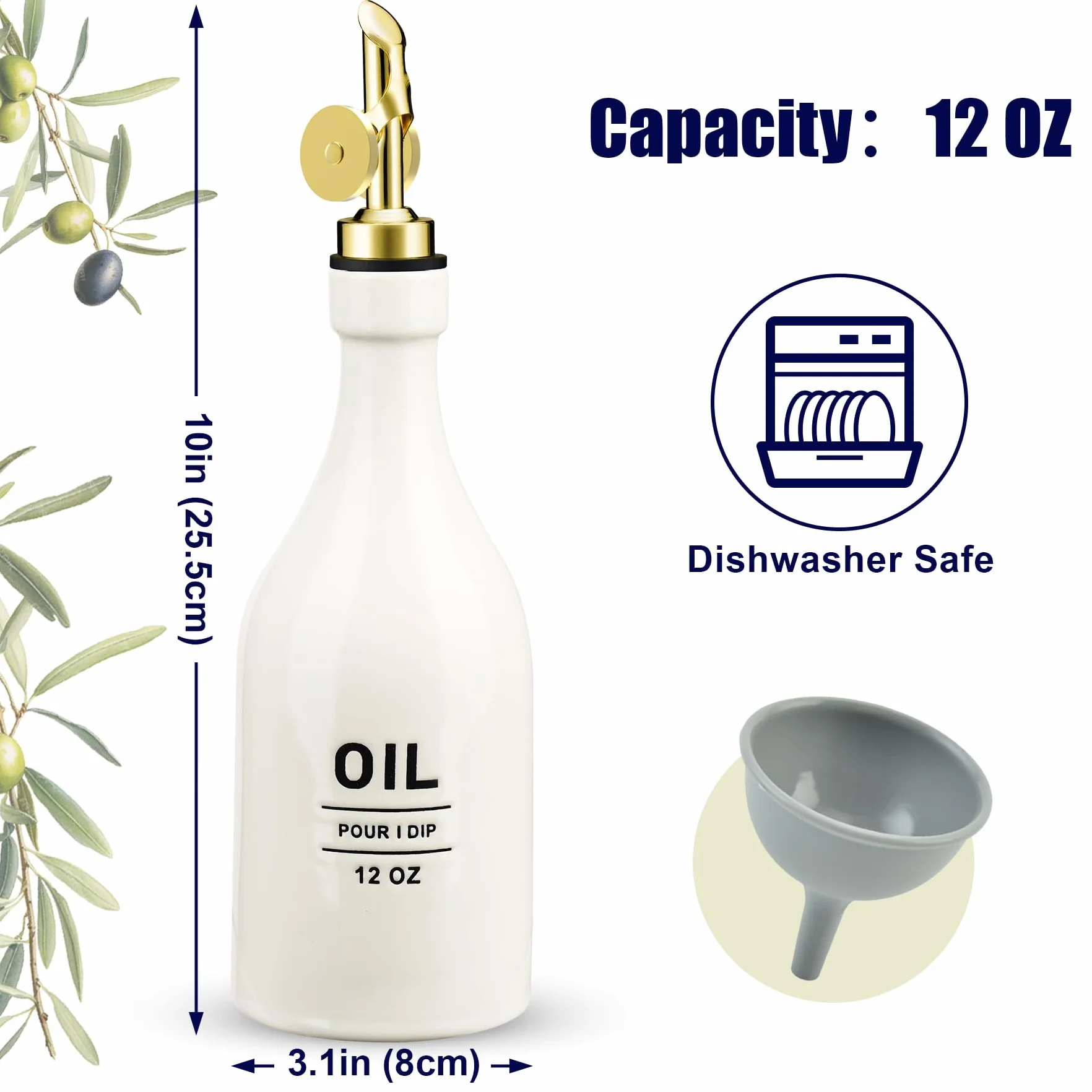 NiHome 350ml Keramik Ölflasche，Essig und Ölspender mit automatischem Ausgießer, spülmaschinenfest, UV-geschützter Olivenöl Flasche für die Küche zur optimalen Aromabewahrung, tropffreies Ausgießen