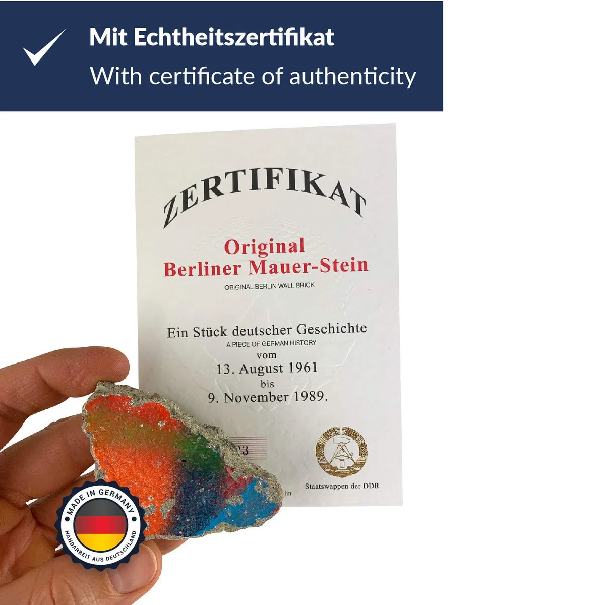 United1871 ORIGINAL Berliner Mauer-Stein | authentisches Stück mit Echtheitszertifikat | Handarbeit direkt aus Berliner Manufaktur