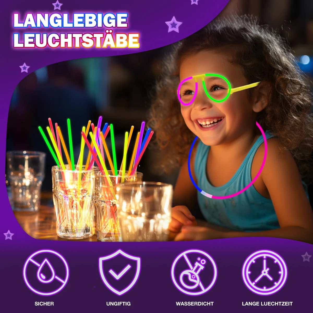 Knicklichter Party Set,100 Stück Leuchtstäbe 130 Verbinder,Neon Knicklichter Ketten und Leuchtbrillen für Kinder, Deko für Festival Hochzeiten Weihnacht Party Silvester Deko 2025