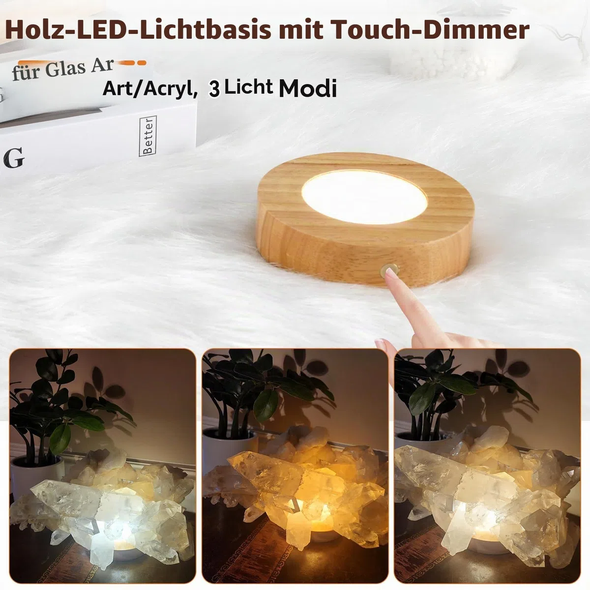 LED-Lichtsockel, 12 cm Holz-Lichtsockel mit Touch-Dimmer und 3 Lichtmodi, Kristall-Display-Sockel, Holzsockel, runder Lichtsockel für Kristallglas, Harz, Kunstharz-Schmuck, Acryl (Holz, 1 Stück)