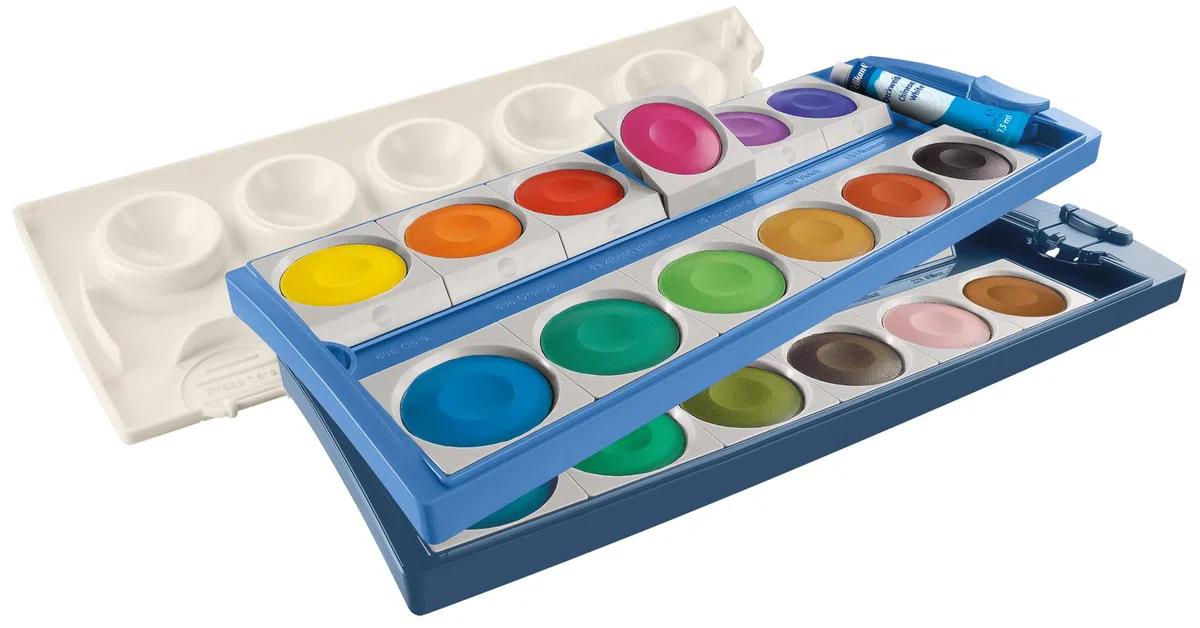 Pelikan Farbkasten K24 eco, Deckfarbkasten mit 24 Farben, inkl. Deckweiß, aus recyceltem Kunststoff, 701303