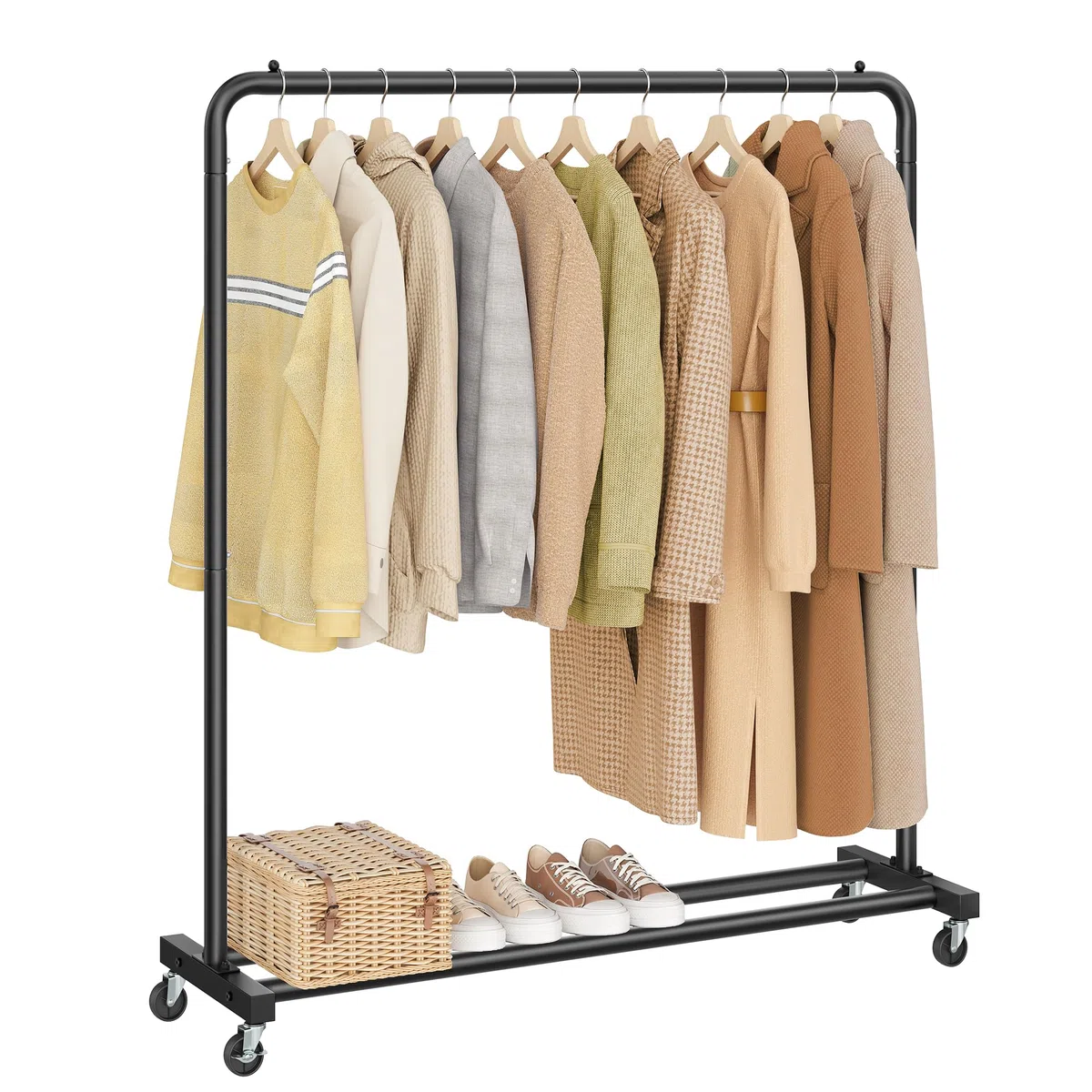 SONGMICS Kleiderständer, Kleiderstange auf Rollen, Garderobenständer, 2 Rollen mit Bremse, Schlafzimmer, bis 50 kg belastbar, 38 x 110 x 141,5 cm, tintenschwarz HSR016BH01