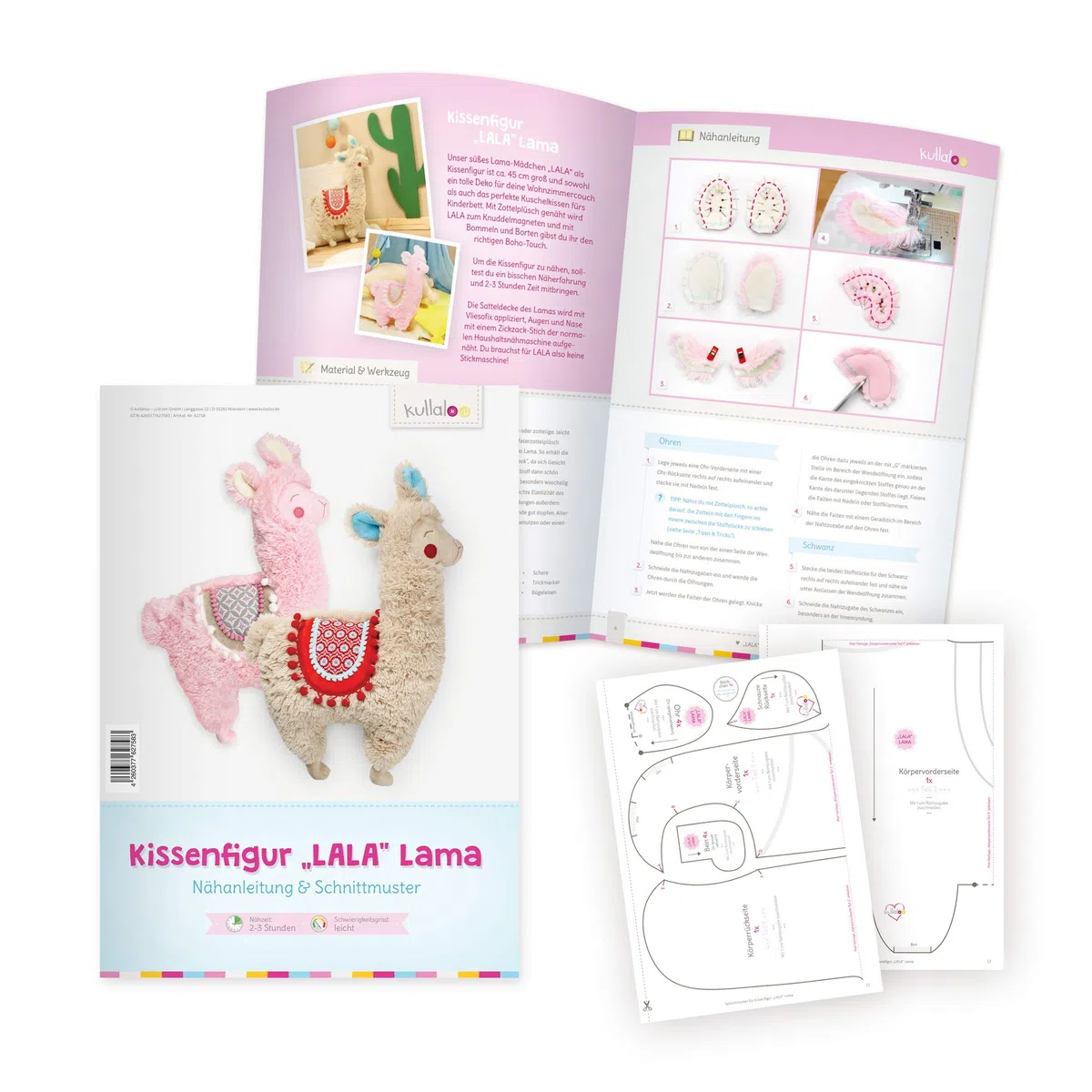 kullaloo Lama Nähset wollweiß Schenken - Papierschnittmuster + Zwei passende Plüschstoffe in Geschenkbox