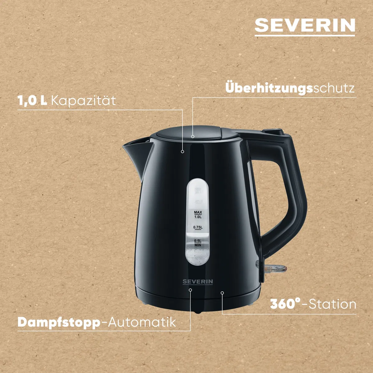 SEVERIN Wasserkocher, kabellos, abwaschbarer Kalkfilter, 2.200 W, ca. 1,0 L, Kunststoff, schwarz, WK 3410