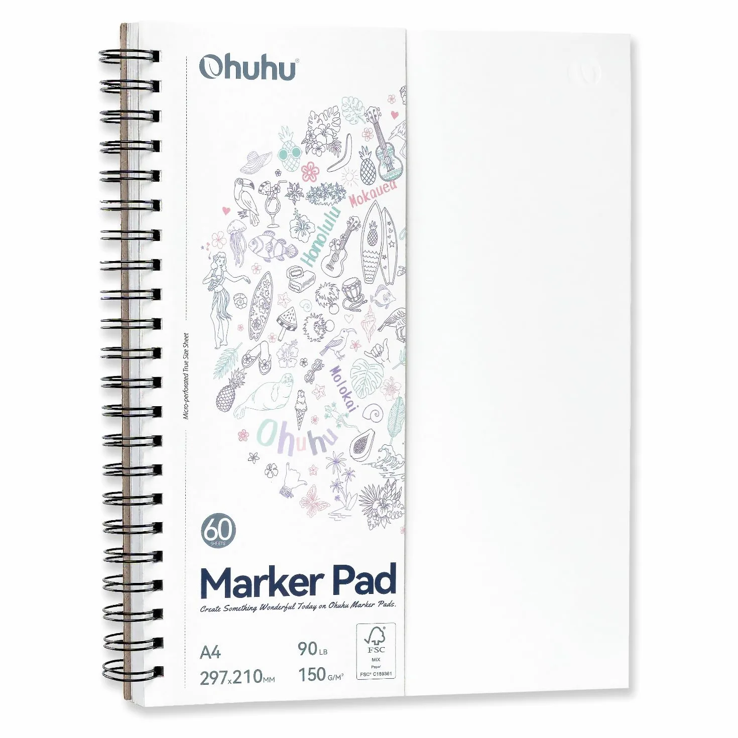 Ohuhu A4 Skizzenbuch Doppelseitig Durchschlagfest - 120 Seiten (60 Blatt) 150 g/m² Papier Säurefrei - ohne Durchdrücken, Spiralbindung für Alkoholmarker & Aquarell, Ideal für Illustration & Porträt