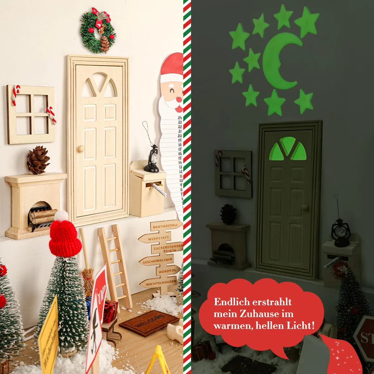 75Pcs Wichtel Zubehör mit Briefe Weihnachten Wichteltür Komplettset, Elfentür Beleuchtet Miniatur Wichtel Baustelle Kamin Staffelei Backset, Wichtelhaus Feentür Zum öffnen adventskalender DIY