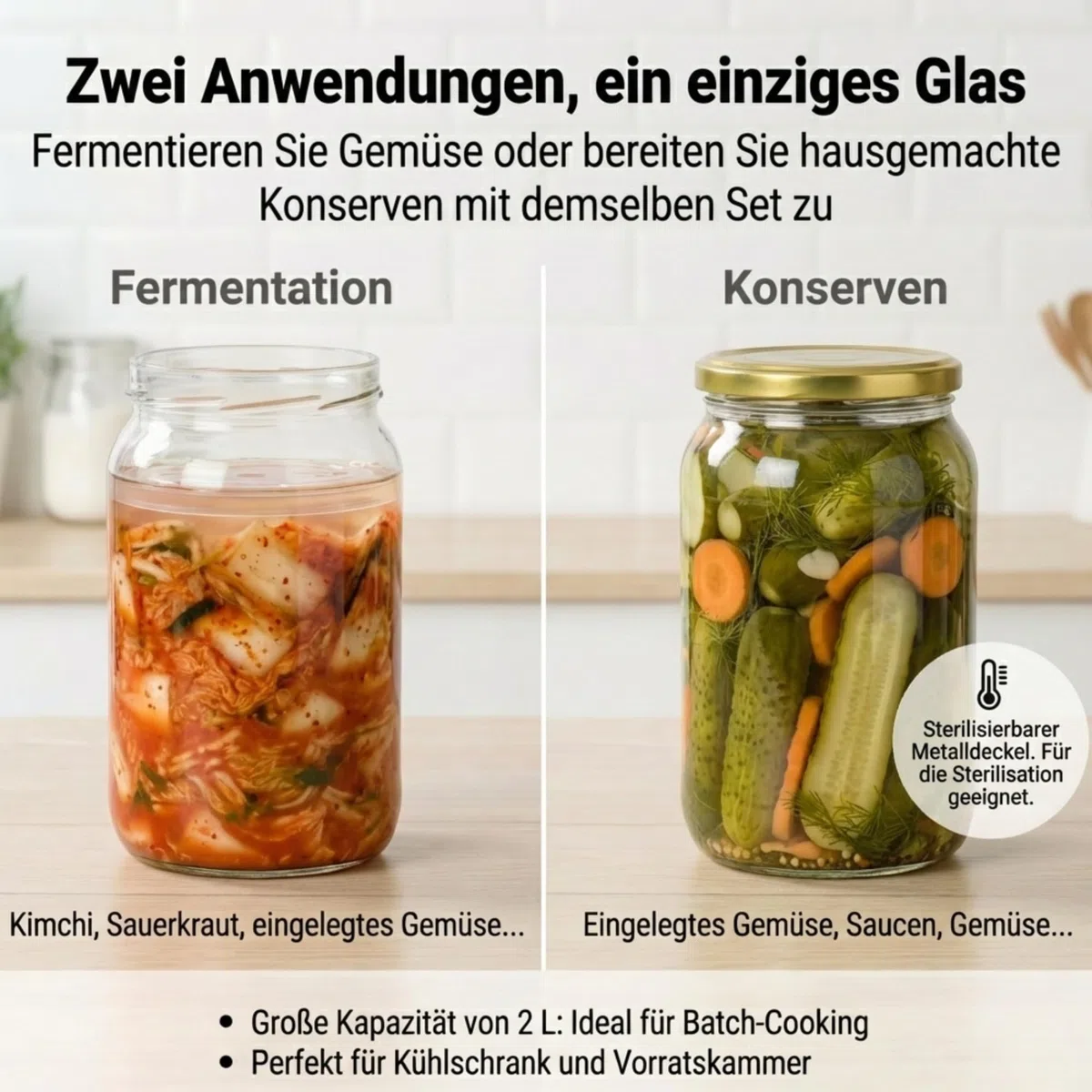 myFERMENTS Kimchi Behälter – 2L großes Fermentierglas für Kombucha, Kimchi, Kefir – Einmachgläser mit Schraubdeckel, weite Öffnung zum Einlegen, Fermentieren – Luftdichte Deckel – 2er Set
