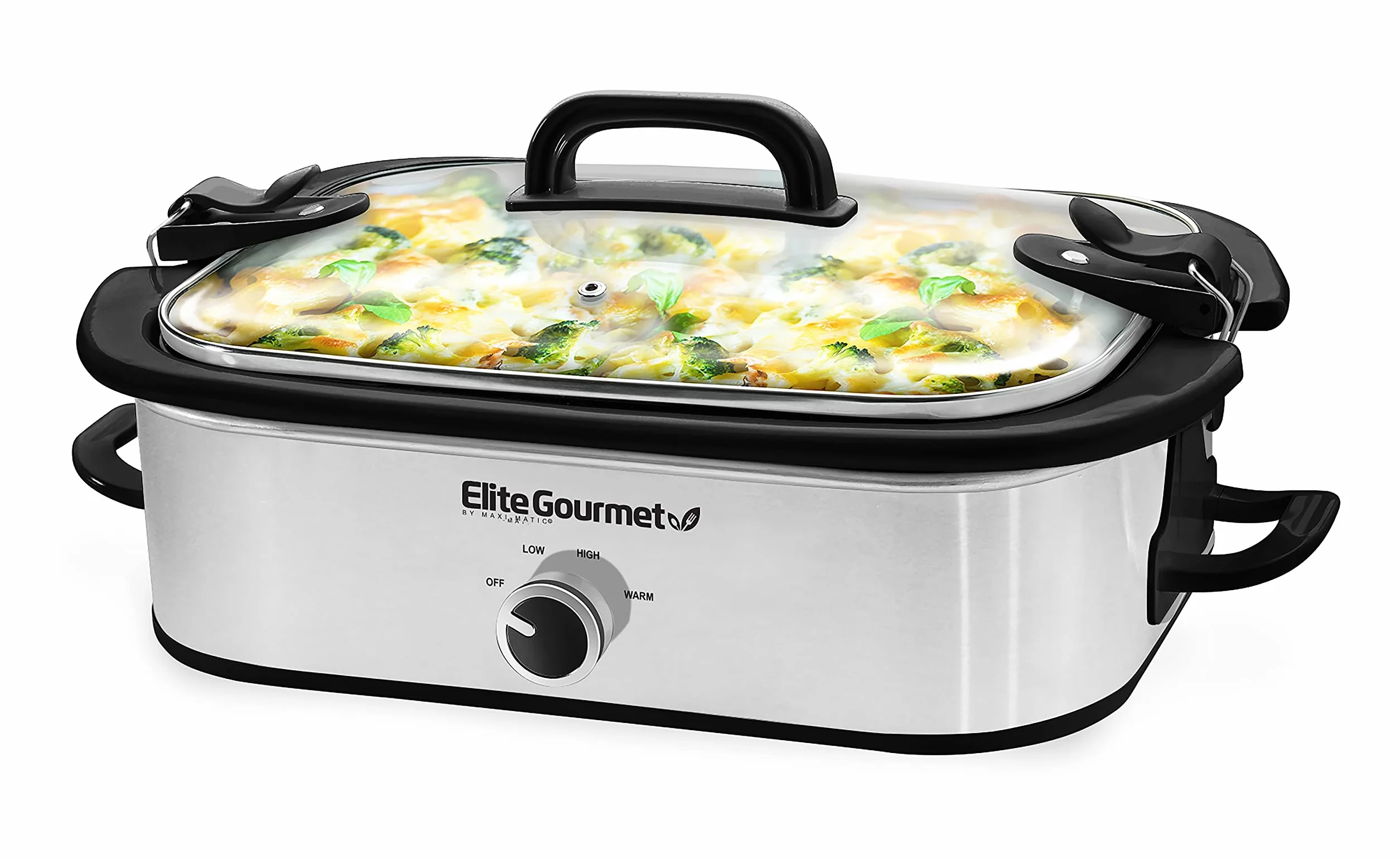Elite Gourmet MST-5240SS Kasserolle-Schongarer, verschließbarer Deckel, einstellbare Temperatur, hält warm, ofen- und spülmaschinenfest, 3,3 l Fassungsvermögen, Edelstahl
