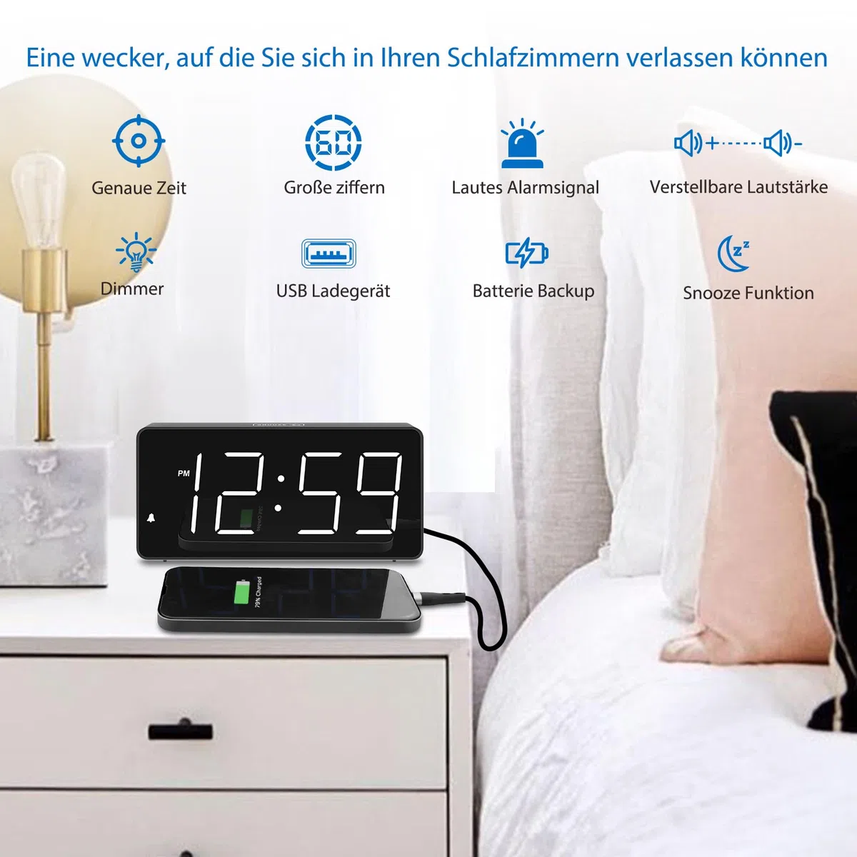 Eachui LED Wecker Digital mit Großen Zahlen, Wecker mit Ladestation, Helligkeit und Lautstärke Regelbar, Snooze, 12/24HR, Digital Uhr Netzbetrieben