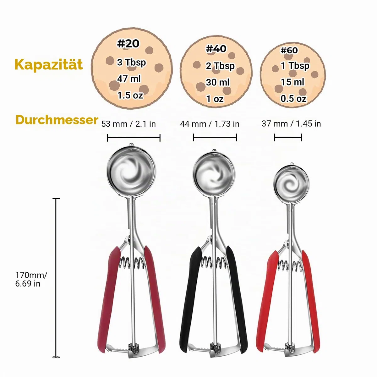 Cookie Portionierer Set, 3-teiliges Eisportionierer Set aus Edelstahl, Plätzchenportionierer mit Auslöser (1 EL/2 EL/3 EL), Teigportionierer für Keksteig, Muffins, Cupcakes, Melonen
