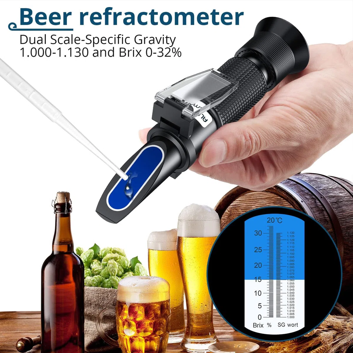 Refraktometer Bier 0–32% Brix Refraktometer für die Bierherstellung ATC mit Zwei Skalen Gewicht der Würze 1,000–1,130 für Bierweinbrauer