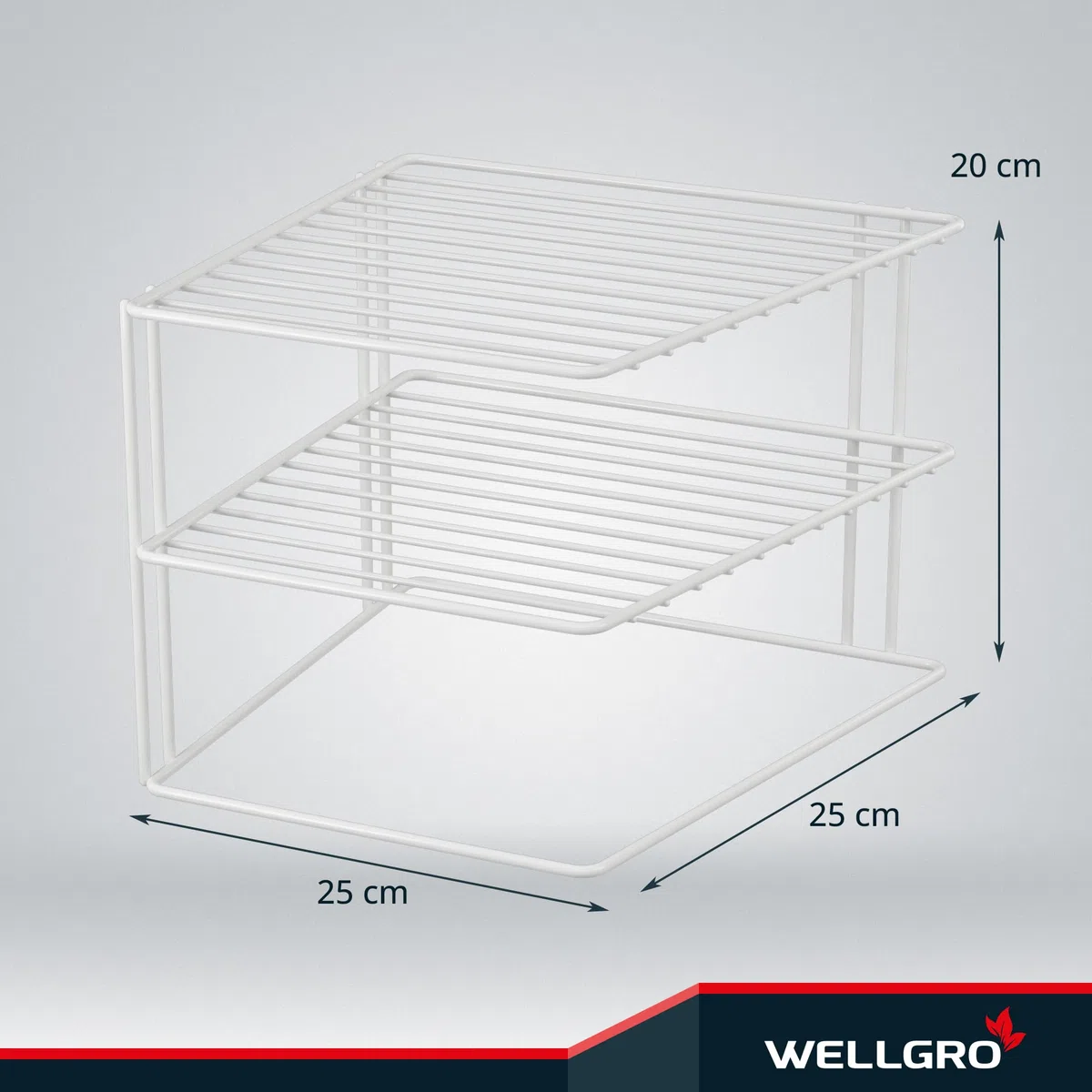 Quantio WELLGRO 2er Set Schrankregal Weiß – 2-Etagiges Metalltellerregal für Schrank und Vorrat – Platzsparender Küchenorganizer, stapelbar, 25x25x20 cm