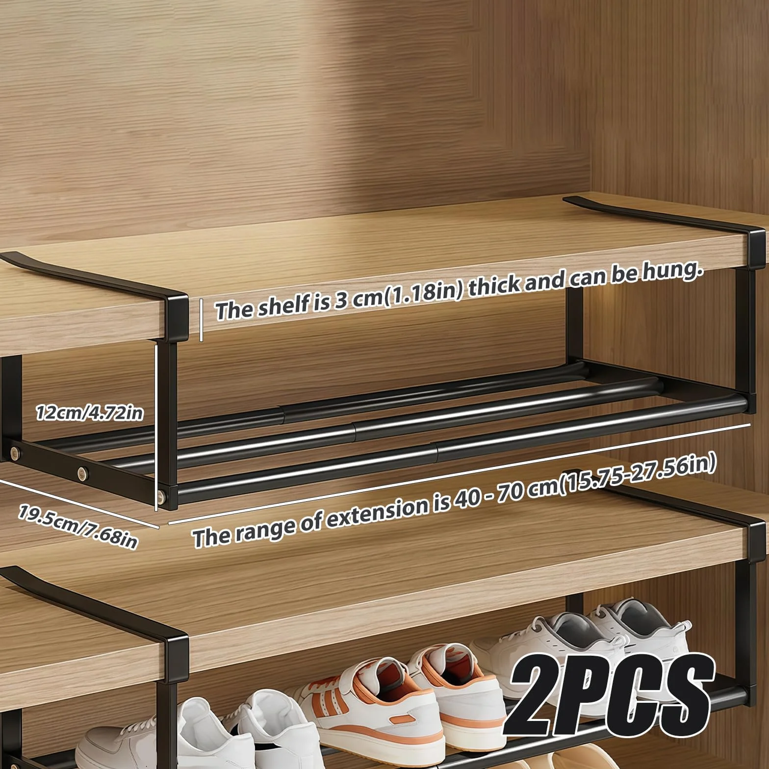 2 Stück Hängendes Schuhregal Organizer, 40-70cm Einlegeboden Schrank Teleskopregal, Unterregal Hängekorb, Erweiterbarer Regalboden Organizer für Schrank Schuh Küchen und Aufbewahrung