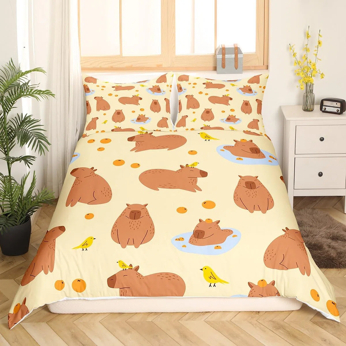 Homewish Capybaras Bettbezug 135x200 Nette Braune Capybaras Trösterbezug für Kleinkinder Teens Jugend, Cartoon Vogel Capybara Orangen Bettwäsche Sätz mit 1 Kissenbezug, Gelbbraun
