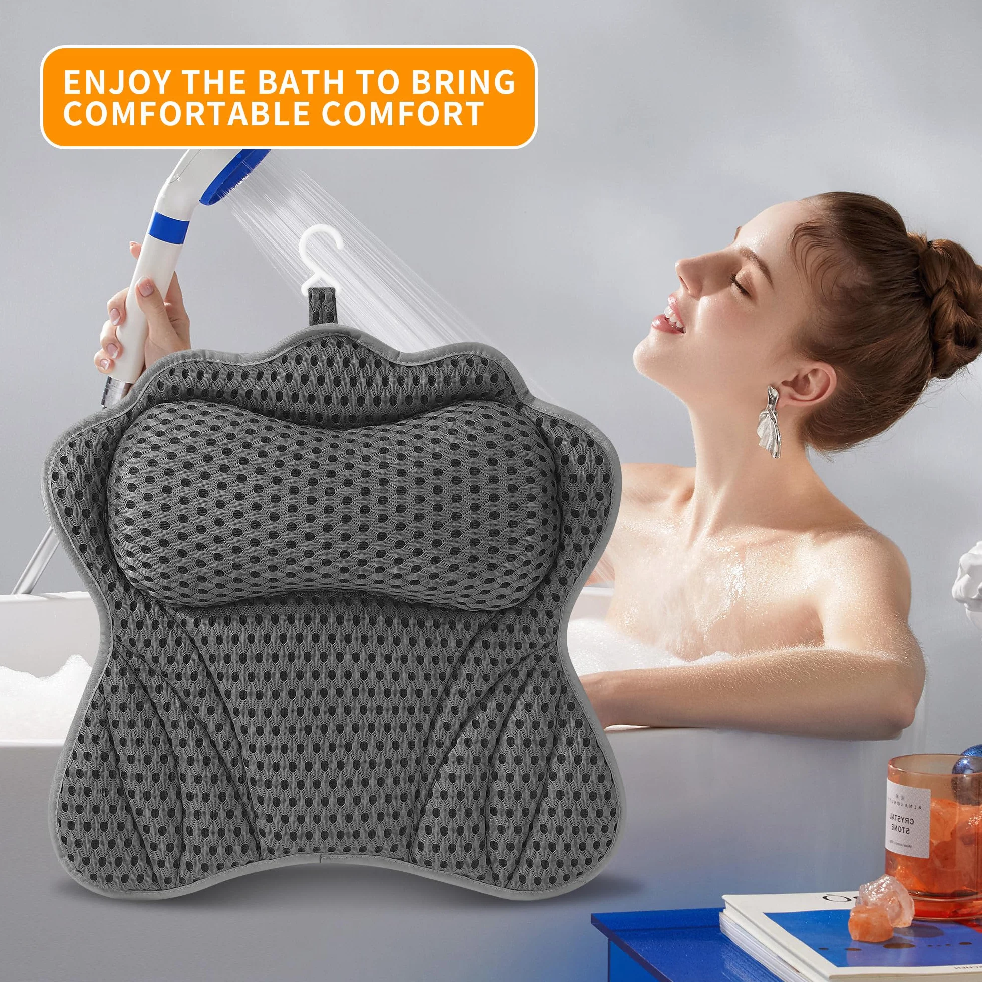 Badewannenkissen, Badewannenkissen Nacken, Nackenkissen für Badewanne mit 6 Saugnäpfen, mittels 4D-Air-Mesh-Technologie, stützt Kopf, Nacken, Schultern, Rücken, passend für alle Badewannen (Grau)