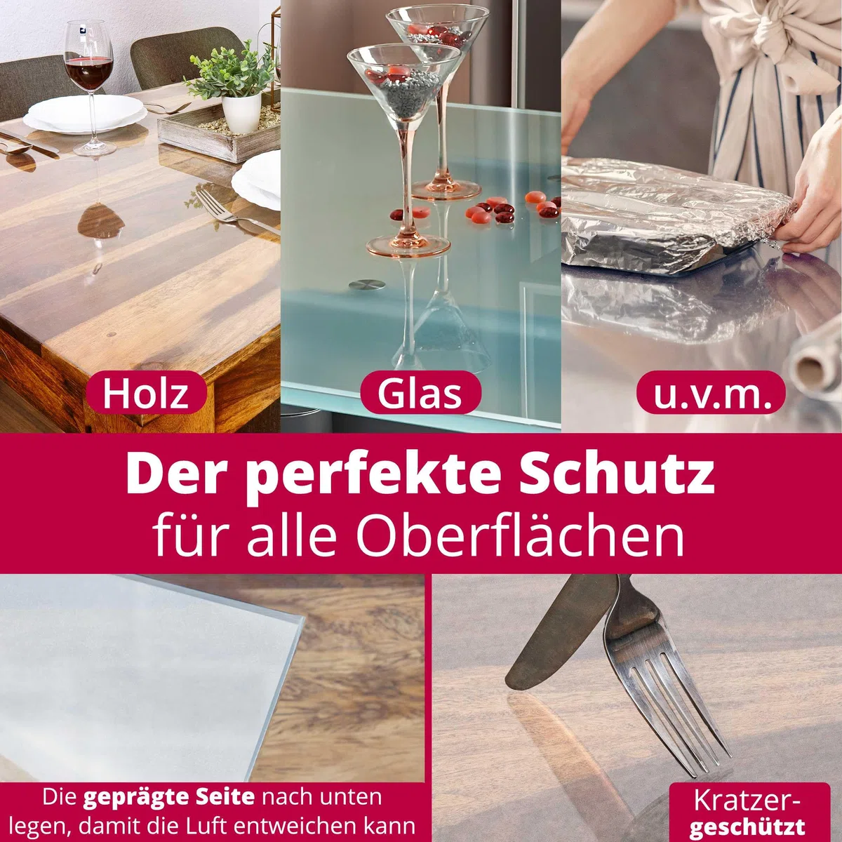 Transparent Tischfolie Schutzfolie Folie leicht mattiert Abgeschrägte V-Kante Eckig 70 x 110 cm Tischdecke Maschinenzuschnitt