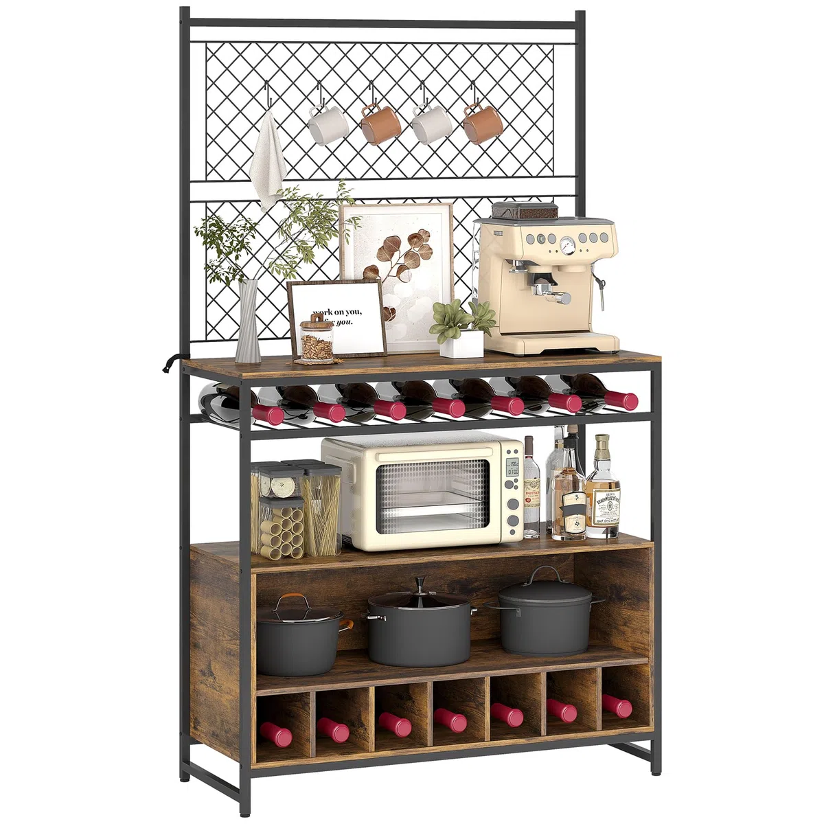 HOMCOM Küchenregal, Standregal mit 5 S-Haken, 2 Ablagen, Metallgitterpaneele, Kaffeebar mit Weinregal, Bäckerregal aus Metallrahmen, Rustikal-Braun, 96,5 x 38 x 165 cm