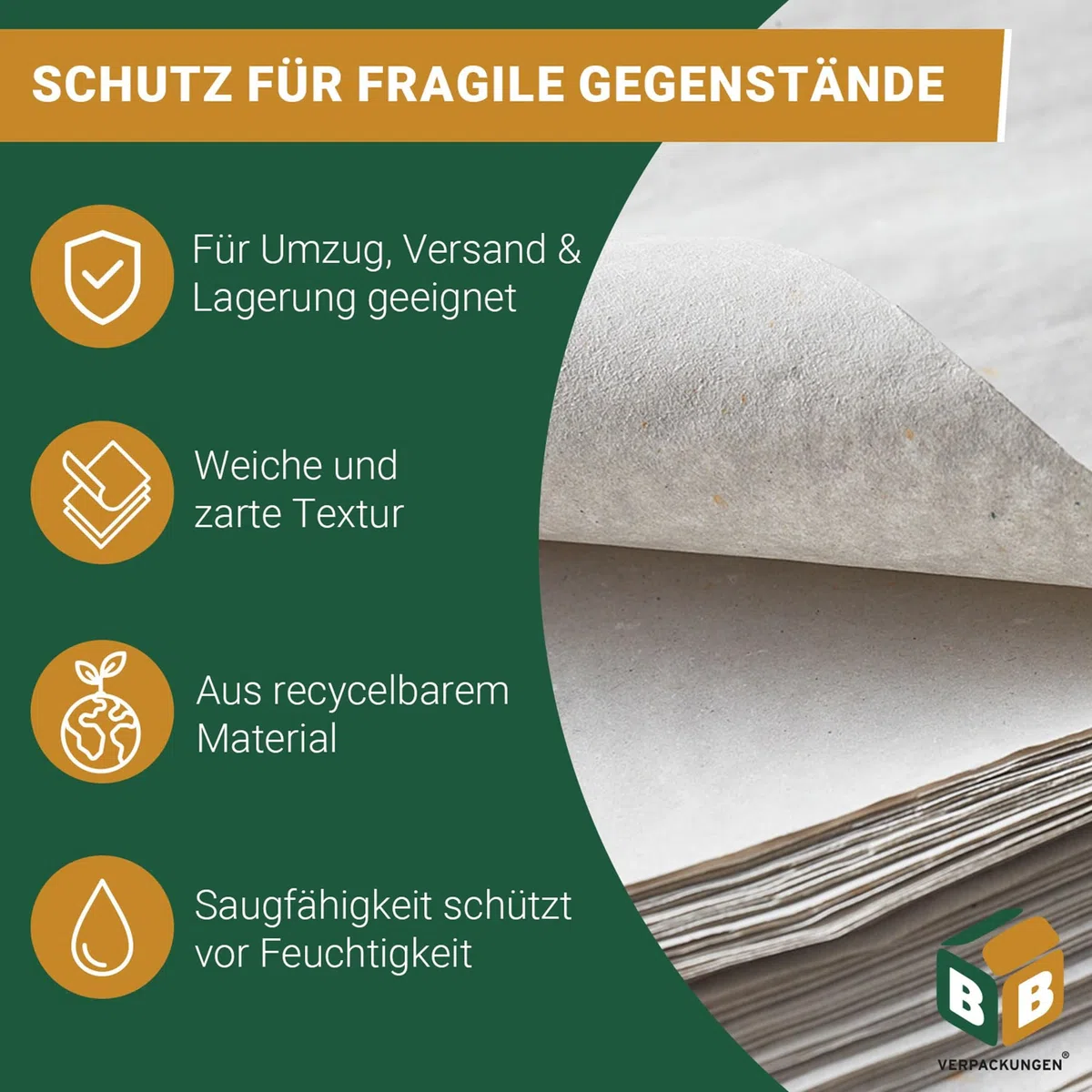 BB-Verpackungen 5 kg Seidenpapier Packseide LARGE 75 x 100 cm 35 g/m² (5kg ca. 190 Blatt) | Packpapier in Industriequalität für Umzug und Versand aus 100% recyceltem Material
