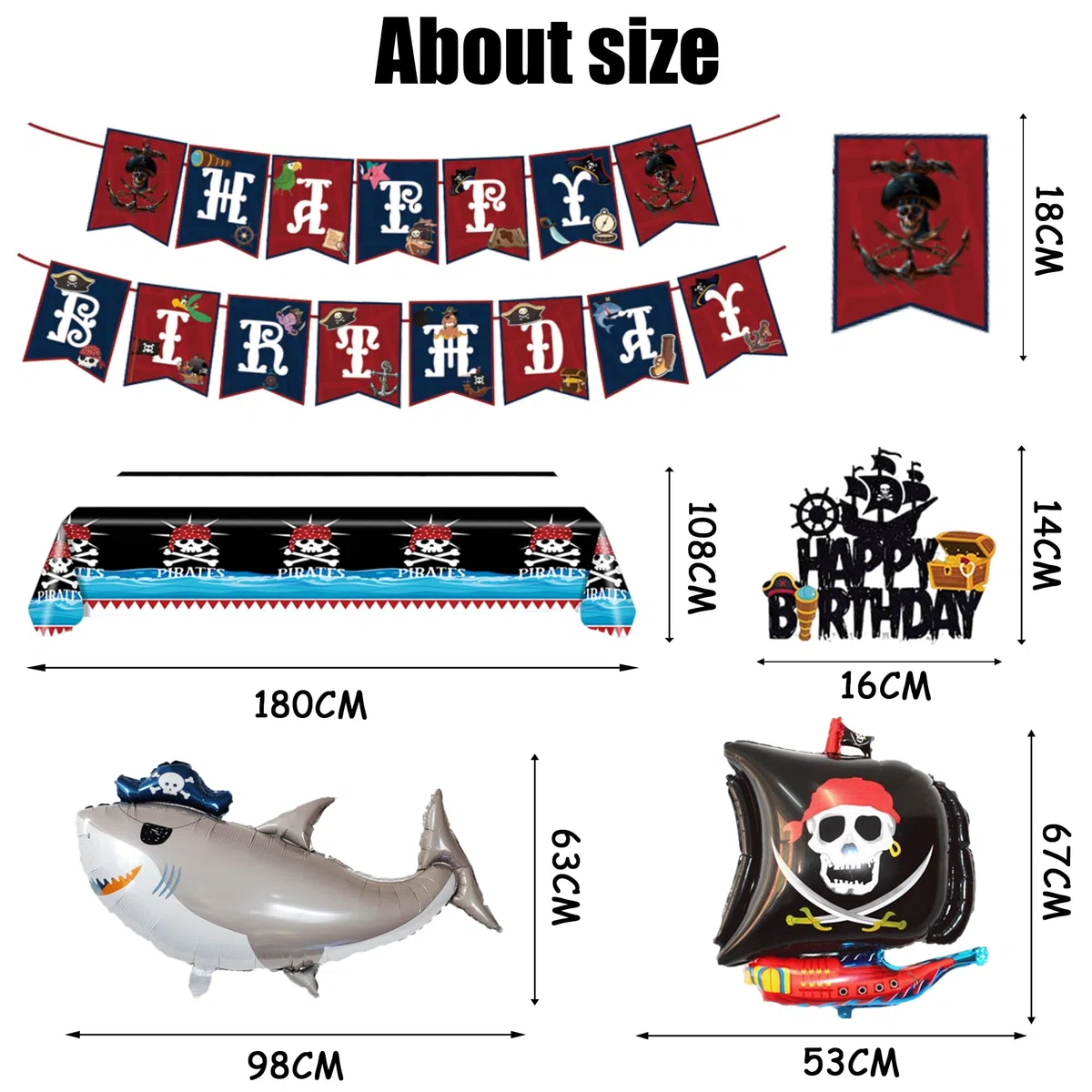 Piraten Deko Kindergeburtstag Partygeschirr Set - Pirate Geschirr Pappteller Becher Servietten Strohhalme, Piratenschiff Folienballon und Happy Birthday Girlande für Geburtstagsdeko