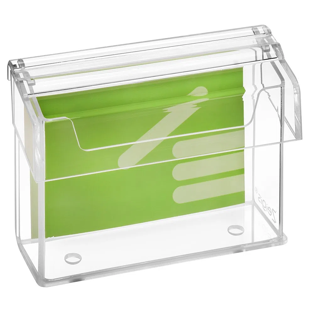 Zeigis DIN A6 Prospektbox/Prospekthalter/Flyerhalter im Querformat, wetterfest, für Außen, mit Deckel, aus glasklarem Acrylglas