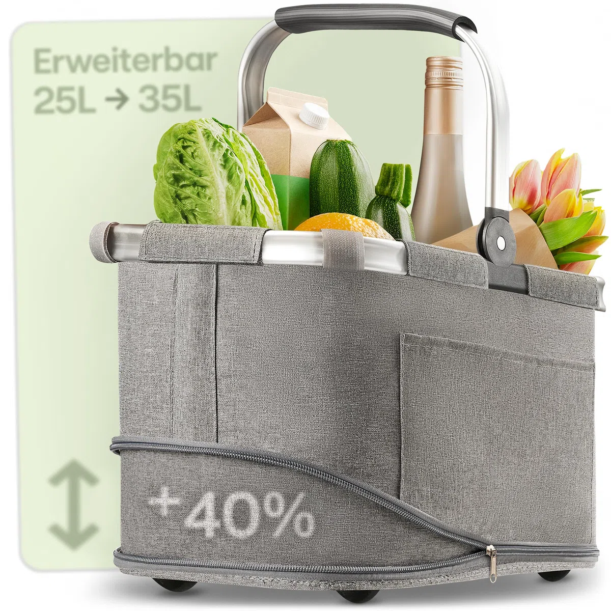 Praknu Einkaufskorb Faltbar Groß – 2 in 1 Erweiterbar 25L auf 35L – Abnehmbarer & Waschbarer Bezug – Stabil mit Alurahmen & Verstärktem Boden – Extra Fächer Innen & Außen – Tragekorb – Grau