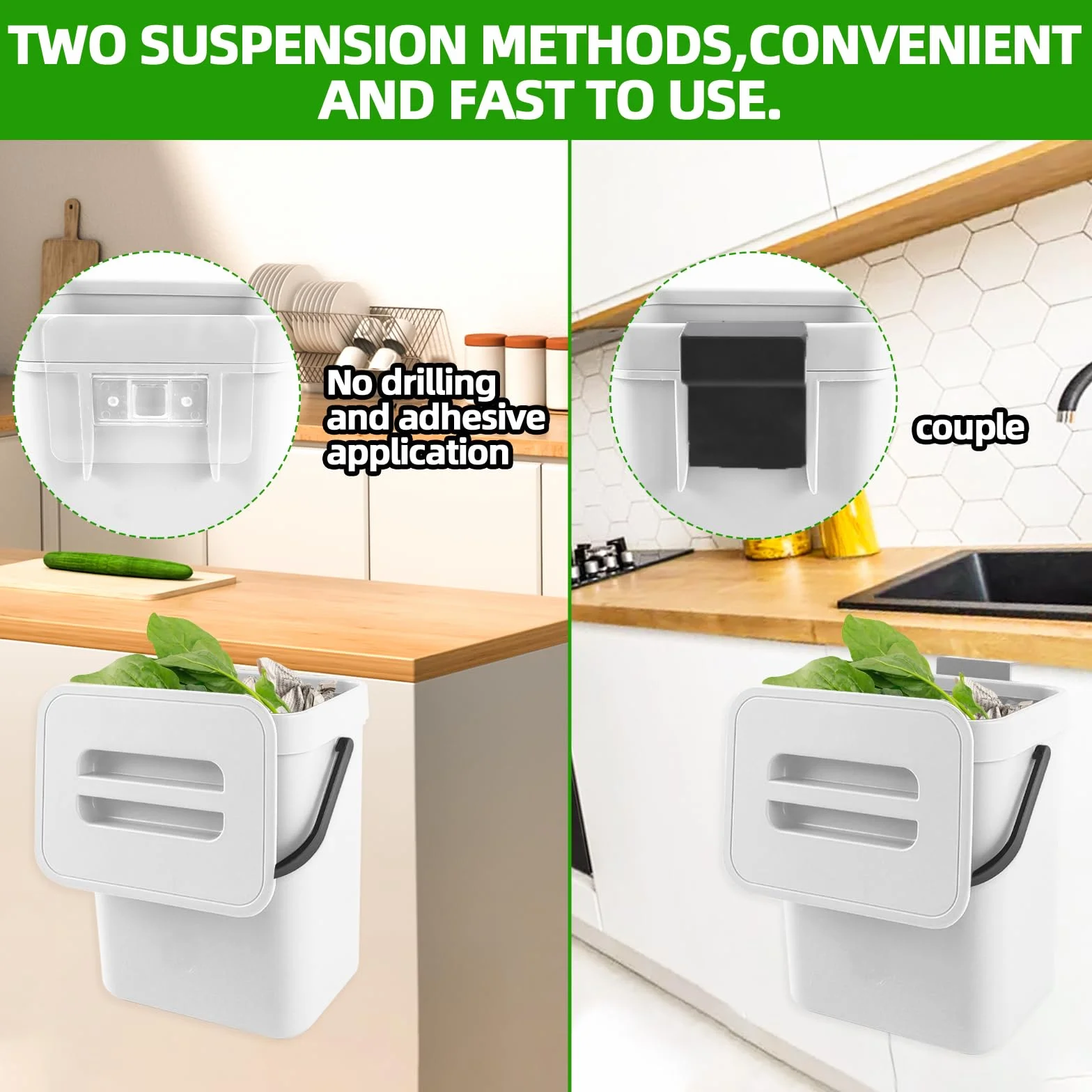 Kleiner Komposteimer für die Küche, Mülleimer, Hängend Biomülleimer, Mülleimer für Arbeitsplatte, Behälter mit Deckel, Komposter, für den Innenbereich, 3 L, Weiß