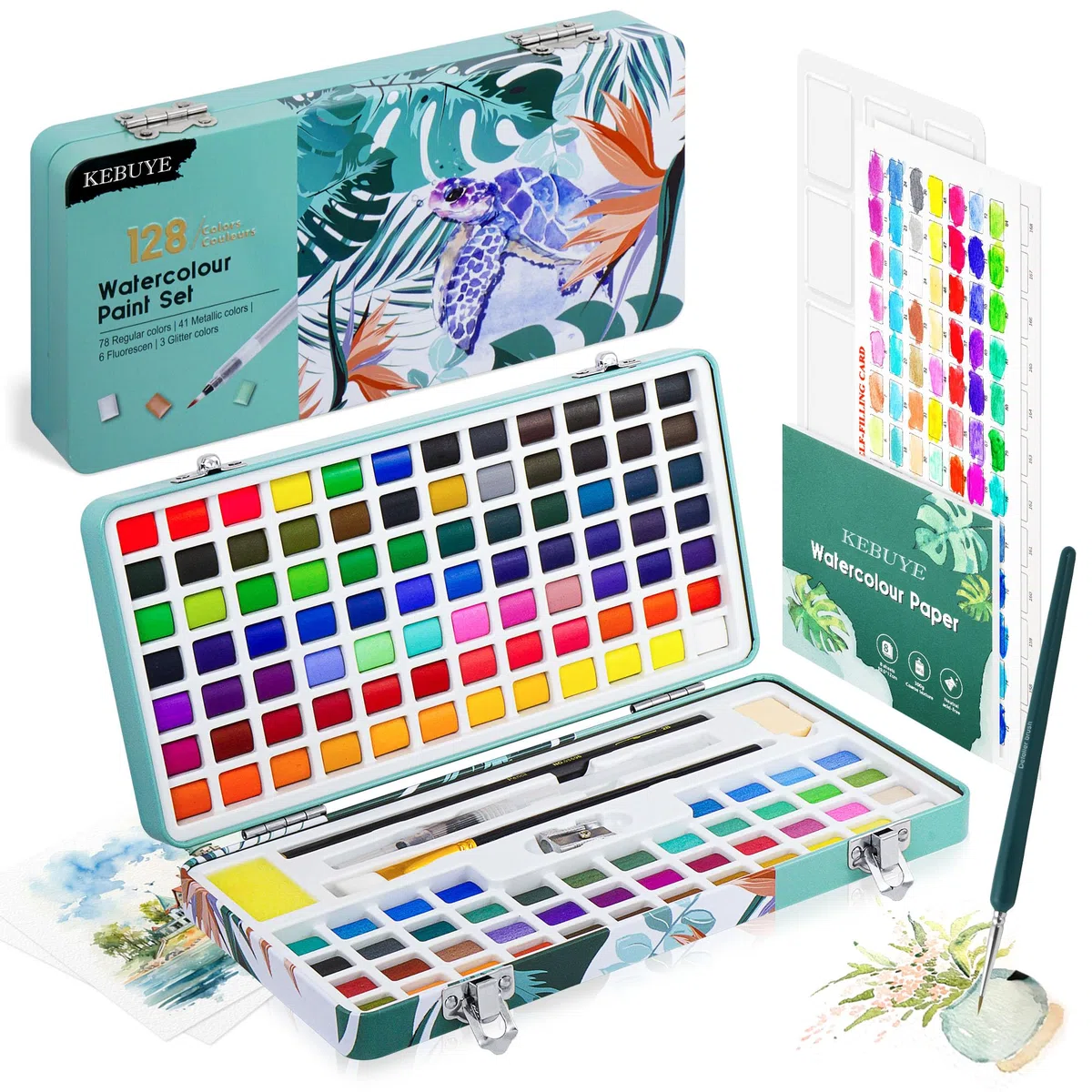Aquarellfarben Set mit 128 Farben- Watercolor Paint in Tragbarer Box - Aquarell für Kinder Erwachsene Reisen Glitzer Wasserfarben Inklusive Zeichenstift Pinsel und Stift fur Kunstler und Hobbyisten