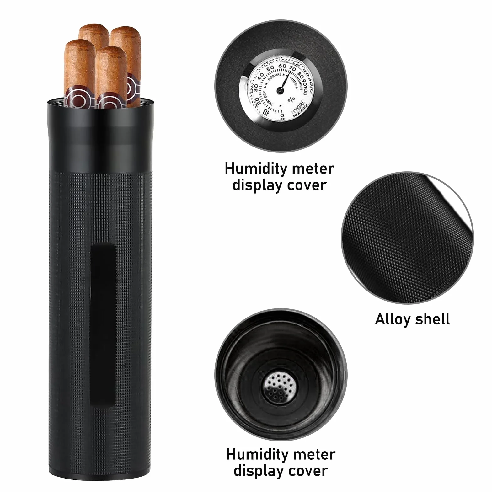 Tragbare Zigarren Humidor, Zigarren-Etui mit Hygrometer, Reise Zigarrenetui, Zigarren Etuis Röhre für 3 bis 4 Zigarren, Humidor Zigarren Edelstahl, Geschenk für Liebhaber Zigarrenliebhaber (Black)