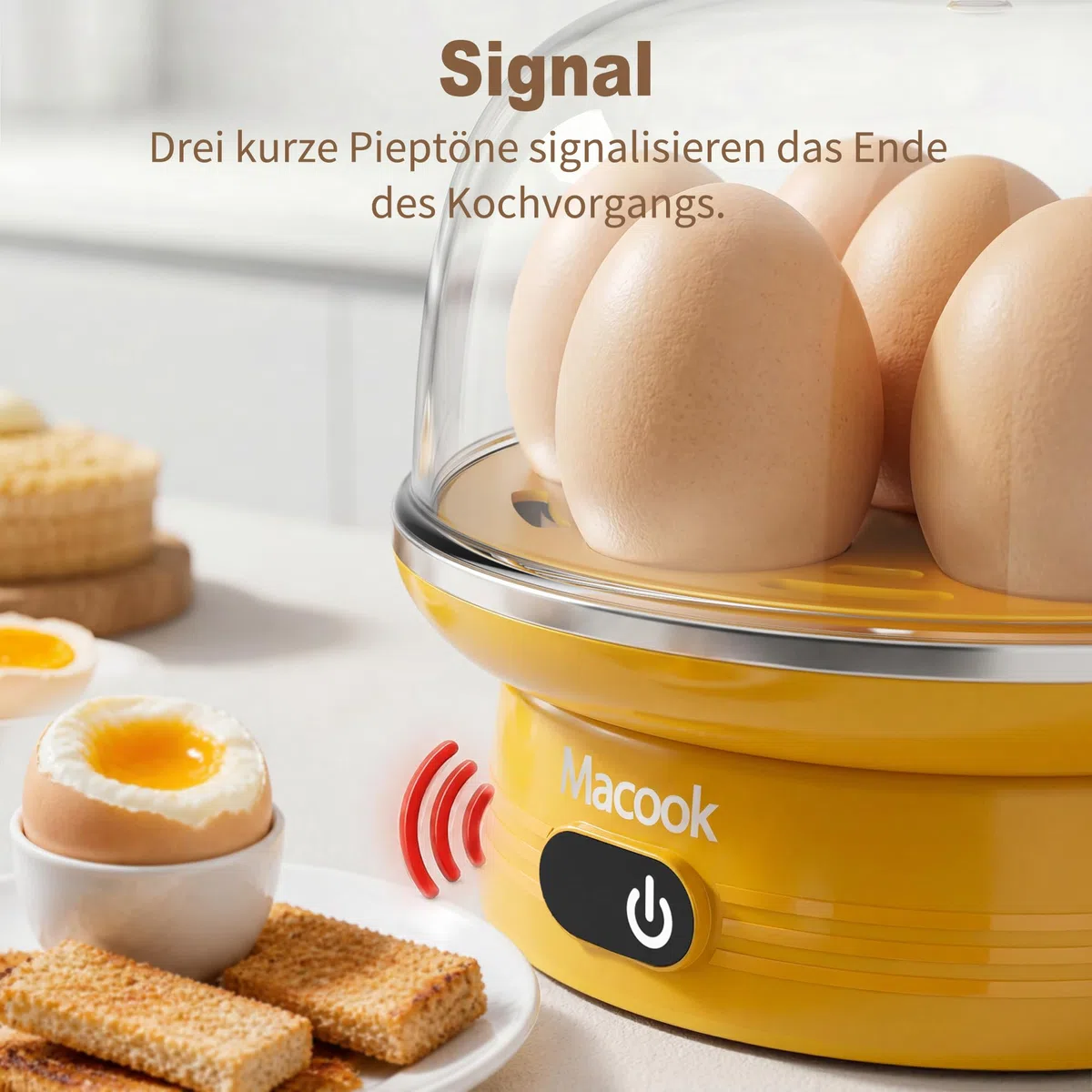 Macook Eierkocher für 1-7 Eier, Eierkocher Testsieger, Egg Cooker Computergesteuerte Kontrolle, Egg Boiler mit LED Touchscreen, BPA-frei, 350W, Gelb [Energieklasse A+++]