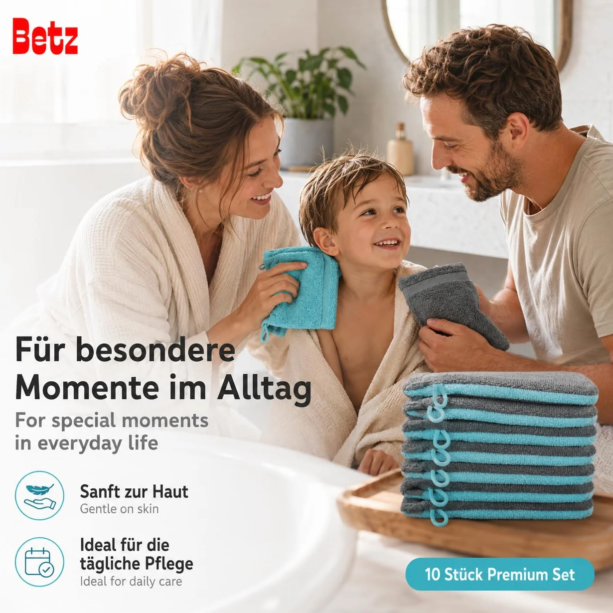 Betz Waschhandschuhe Premium 10 Stück 16x21 cm – 100% Baumwolle 470g/m² – Weiche Frottee Waschlappen – Pflegeleicht & saugstark – Farbe anthrazit und türkis