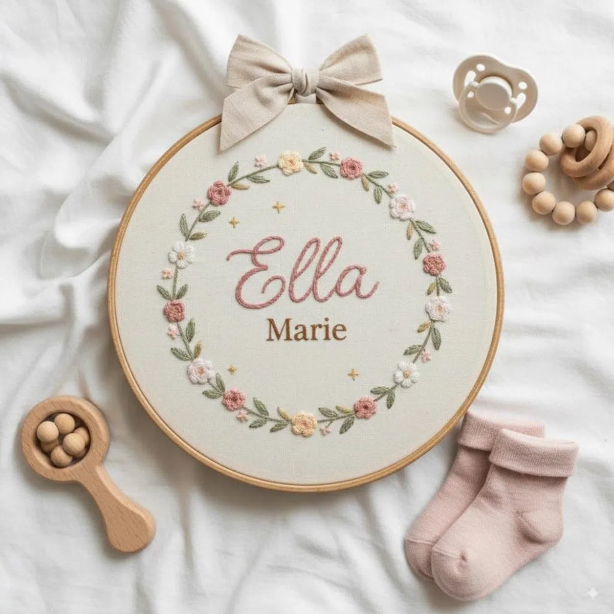 Personalisierte Boho-Stickrahmen mit Blumennamen, personalisiertes Geschenk für Neugeborene oder Babyparty, individuelles Basteln, Kinderzimmer-Dekoration (20 cm)